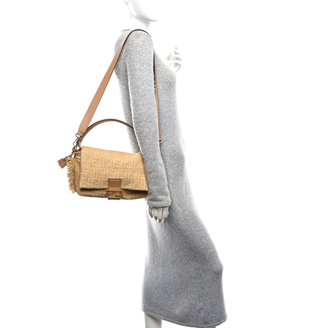 Fabric Jacquard Raffia Straw Fringe Medium Mamma Baguette Beige