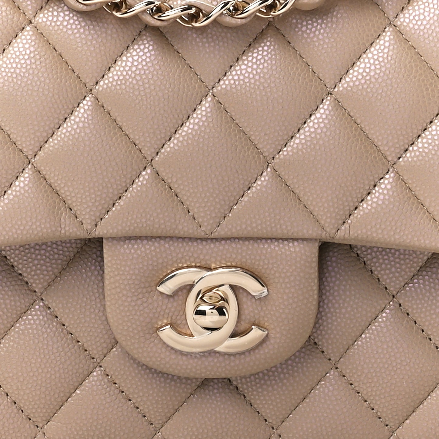 Iridescent Caviar Quilted Medium Double Flap Dark Beige