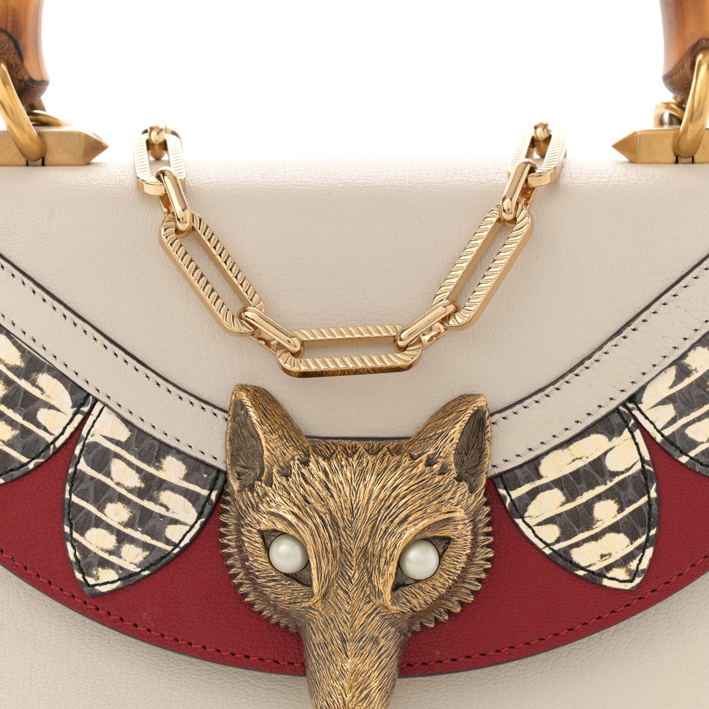 Goatskin Pearl Mini Fox Broche Bamboo Top Handle Bag Hibiscus Red Mystic White