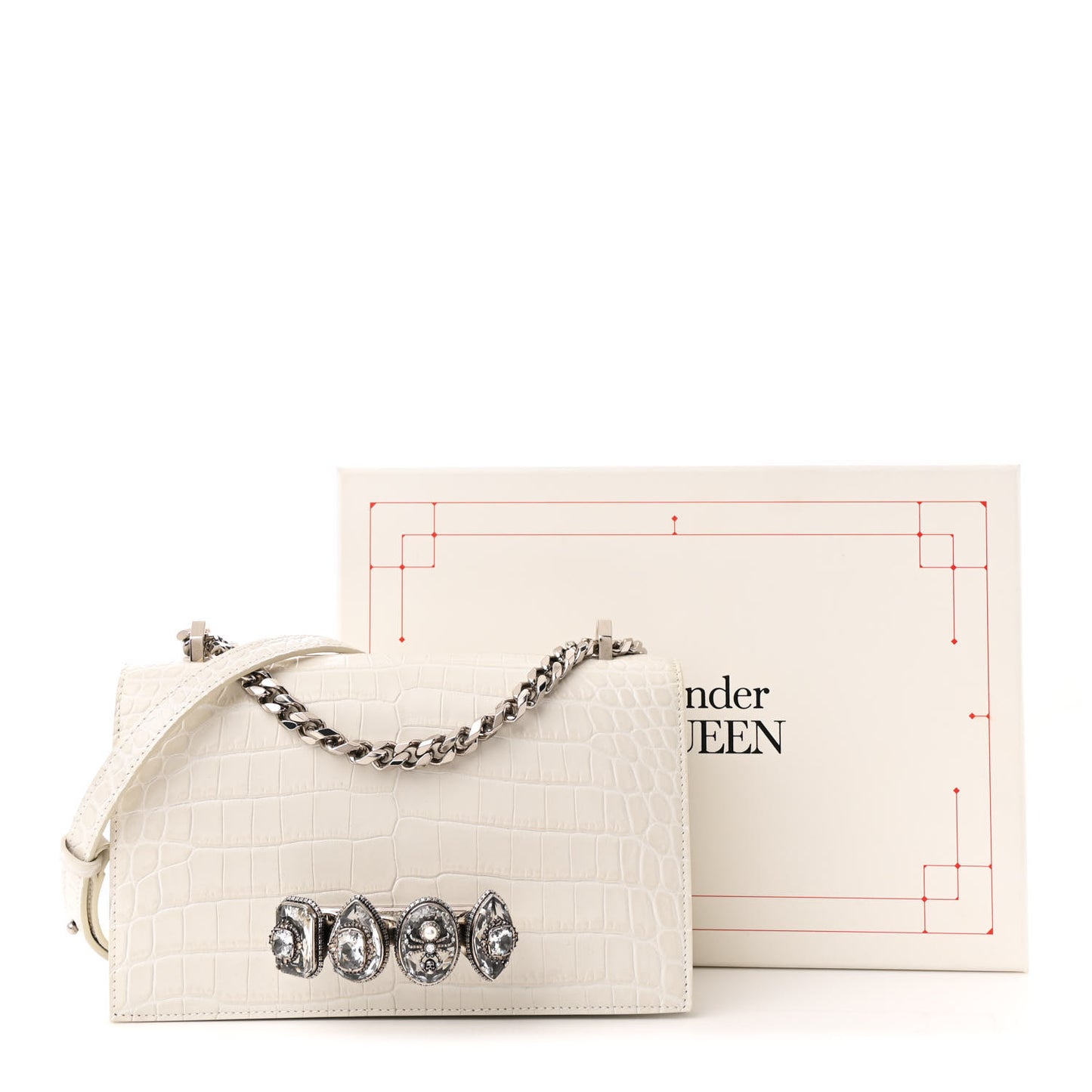 Shiny Calfskin Crocodile Embossed Knuckle Jeweled Crossbody White