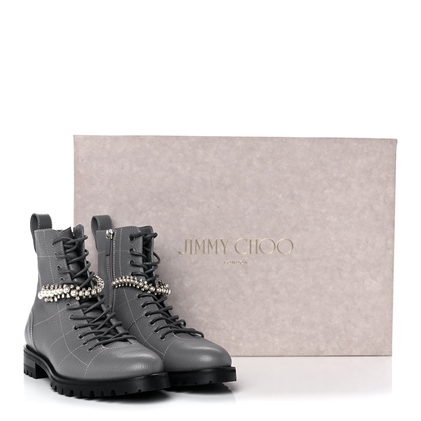 Grained Calfskin Crystal Embellished Cruz Combat Boots 38.5 Grey