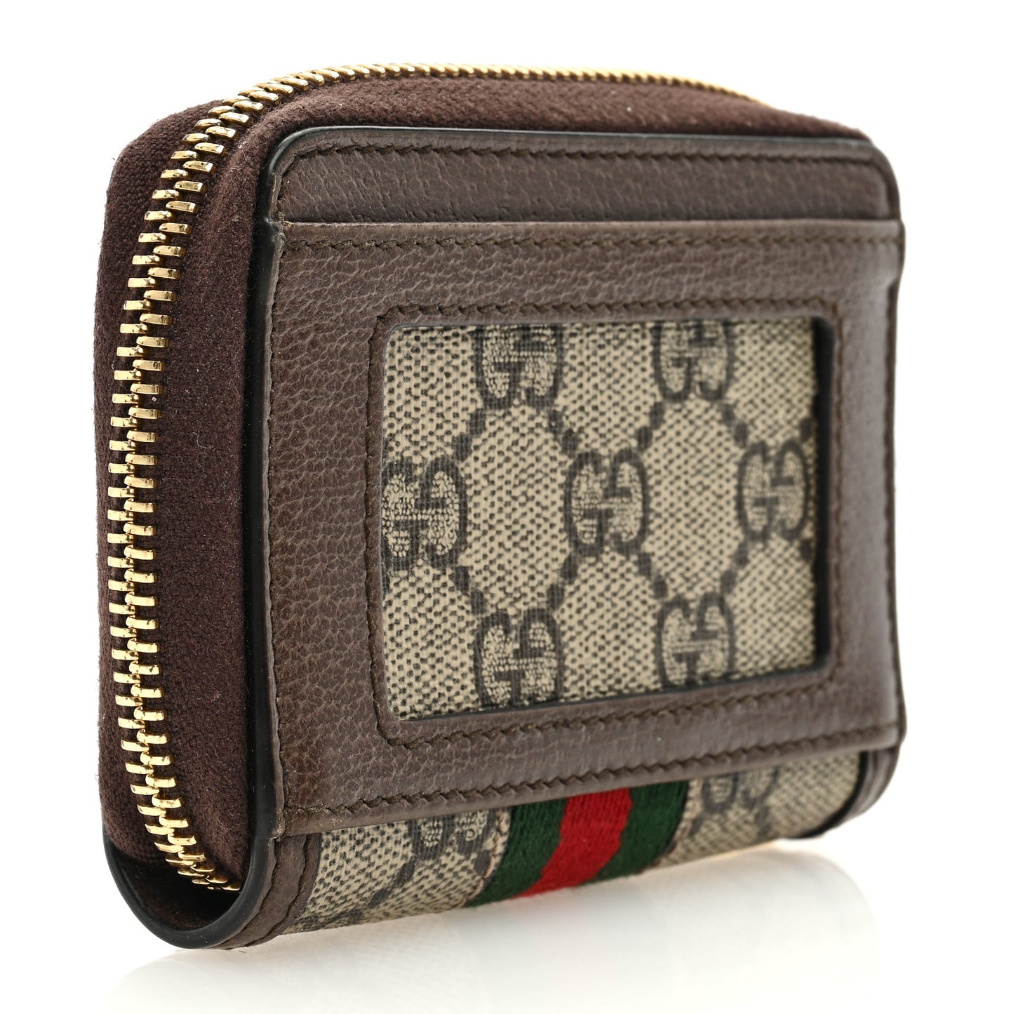 GG Supreme Monogram Textured Dollar Calfskin Web Ophidia Zip Around Card Case Wallet Beige Ebony New Acero