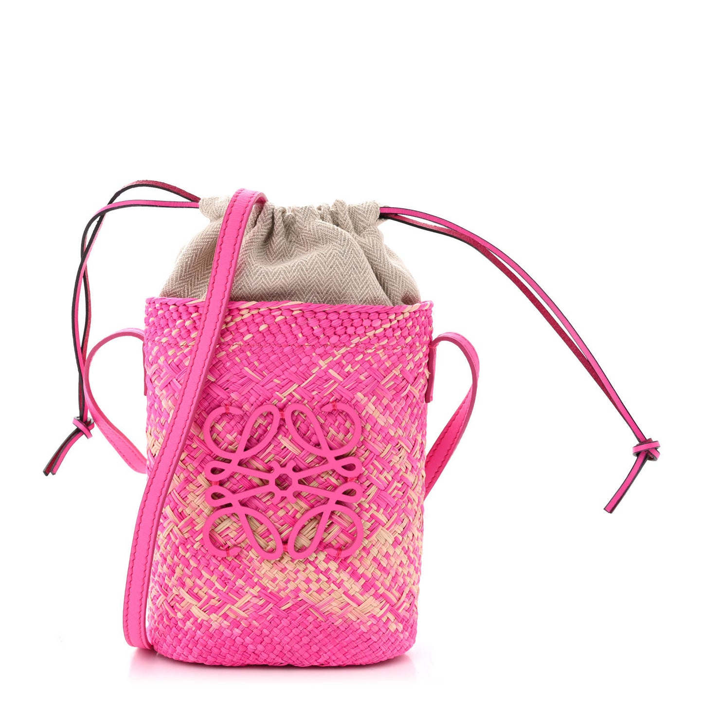 Iraca Palm Calfskin Anagram Square Pocket Bucket Bag Natural Fuchsia