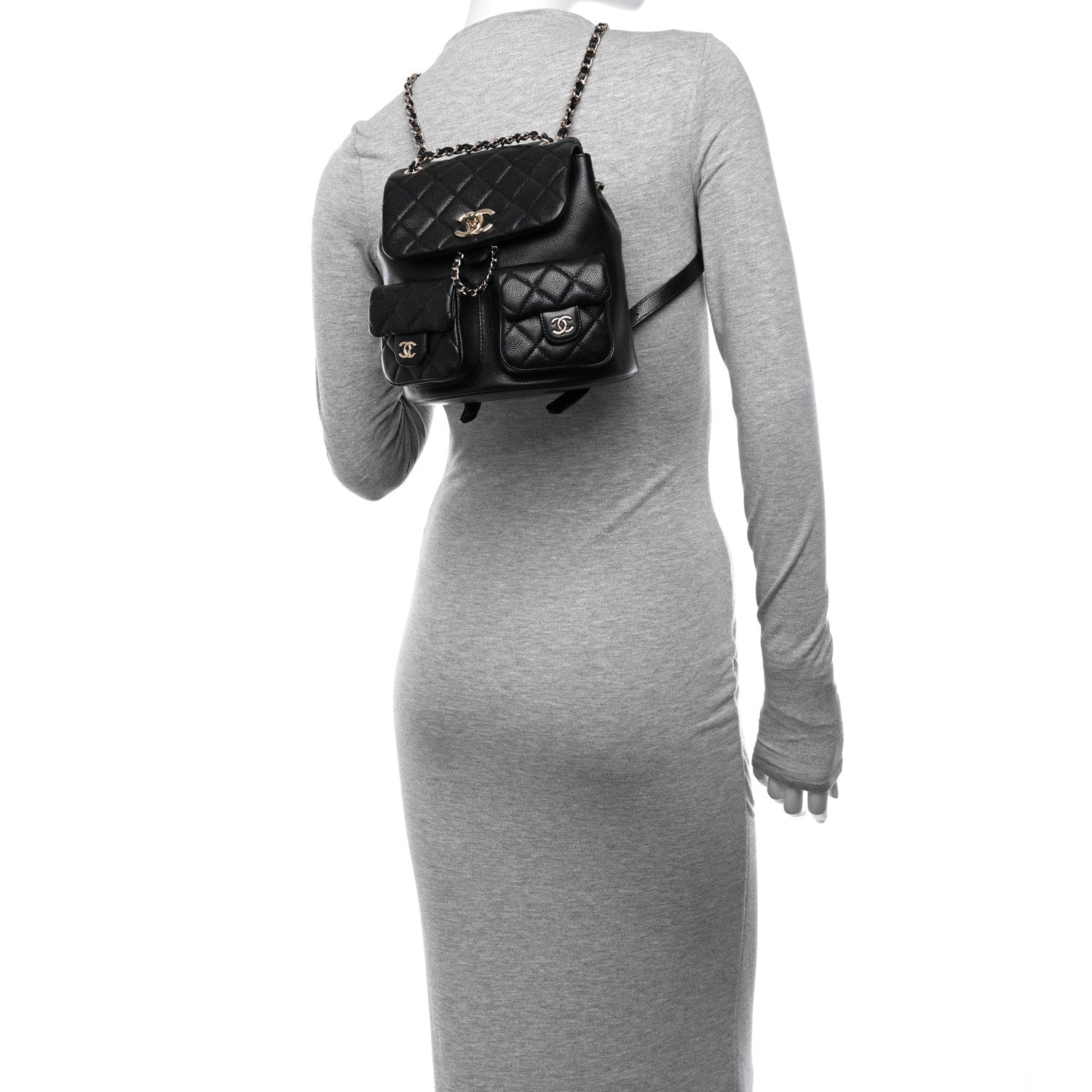 Chanel Shiny Caviar Quilted Medium Duma Pockets Drawstring Backpack Black 2 of 10