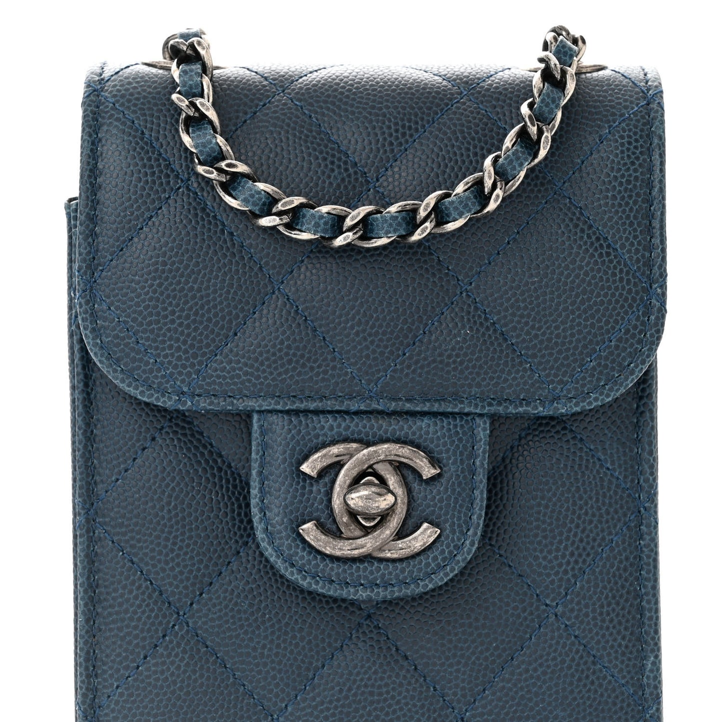 Caviar Quilted Extra Mini Wallet On Chain WOC Blue