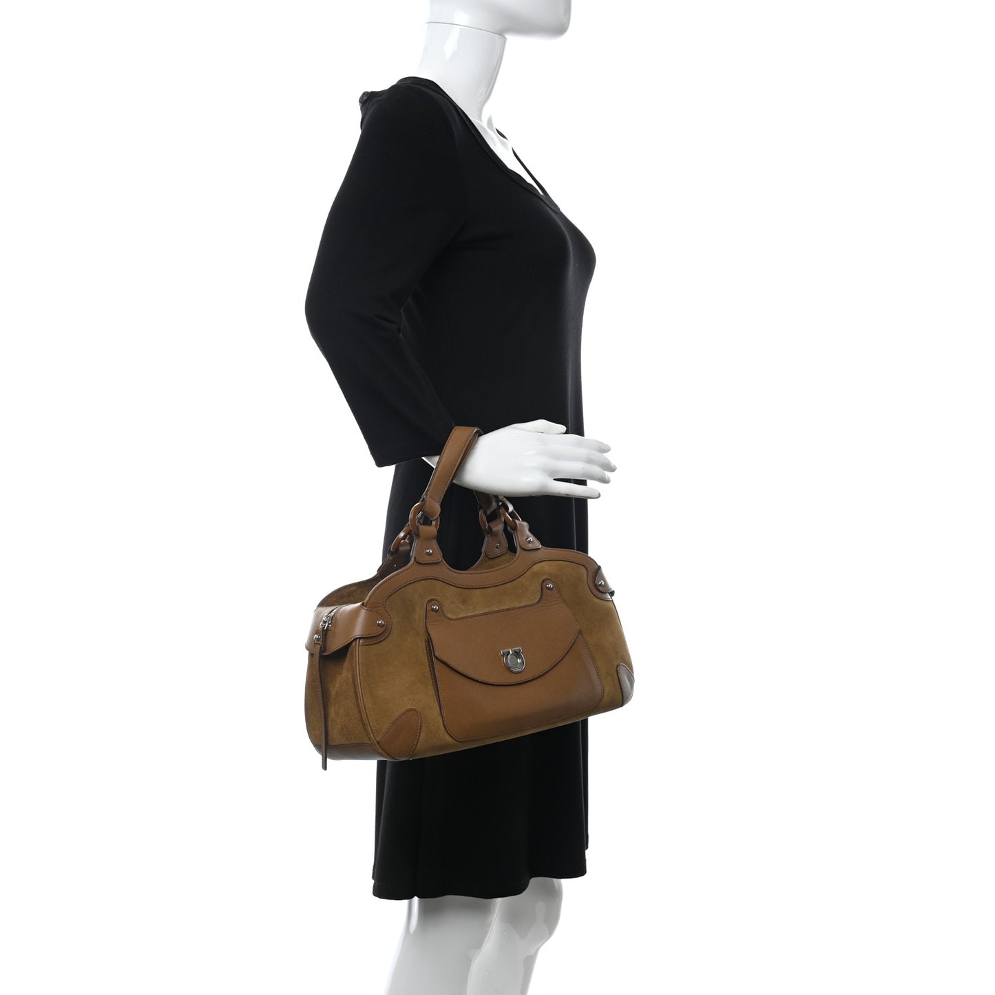 Suede Printed Calfskin Gancini Satchel Brown