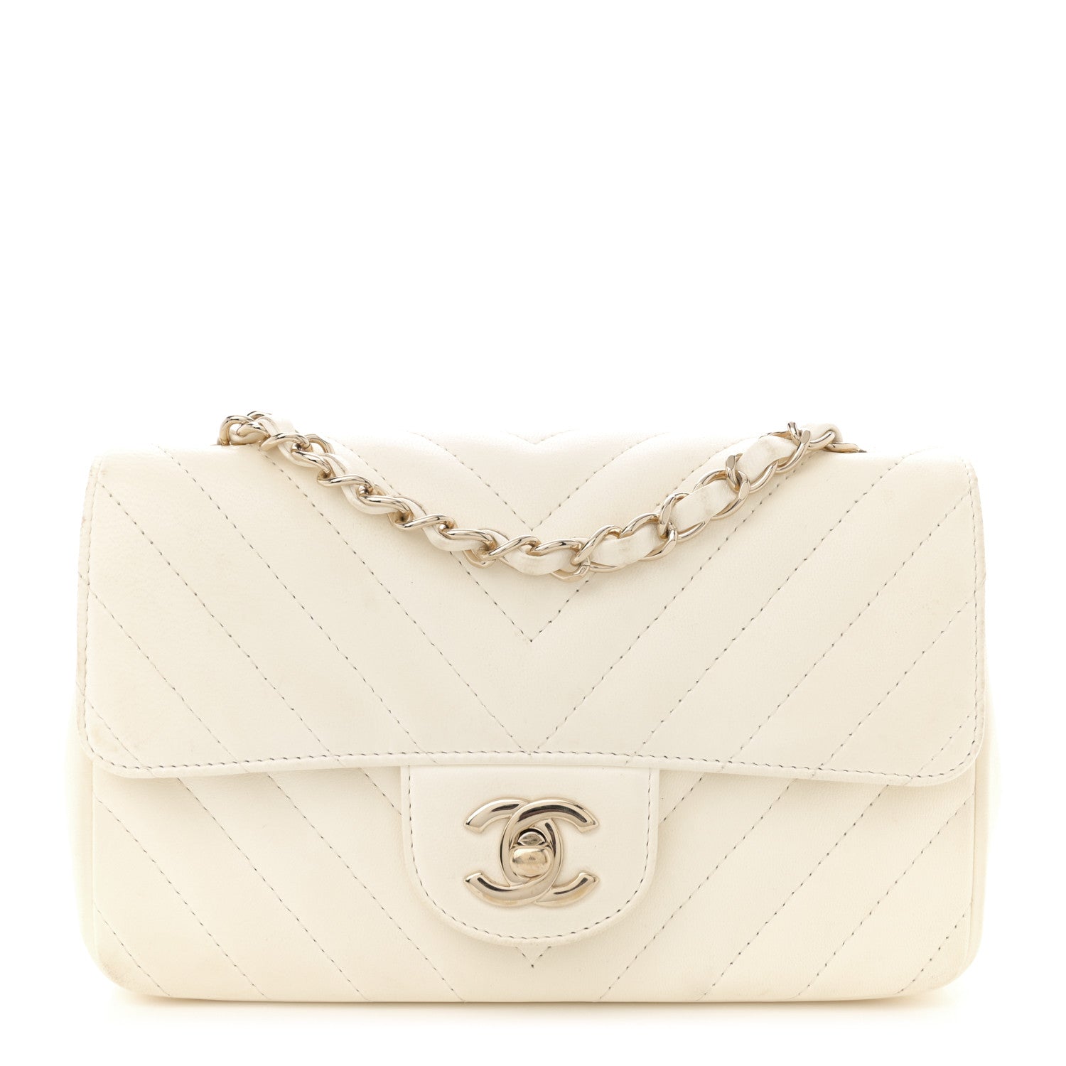 Chanel Lambskin Chevron Quilted Mini Rectangular Flap White