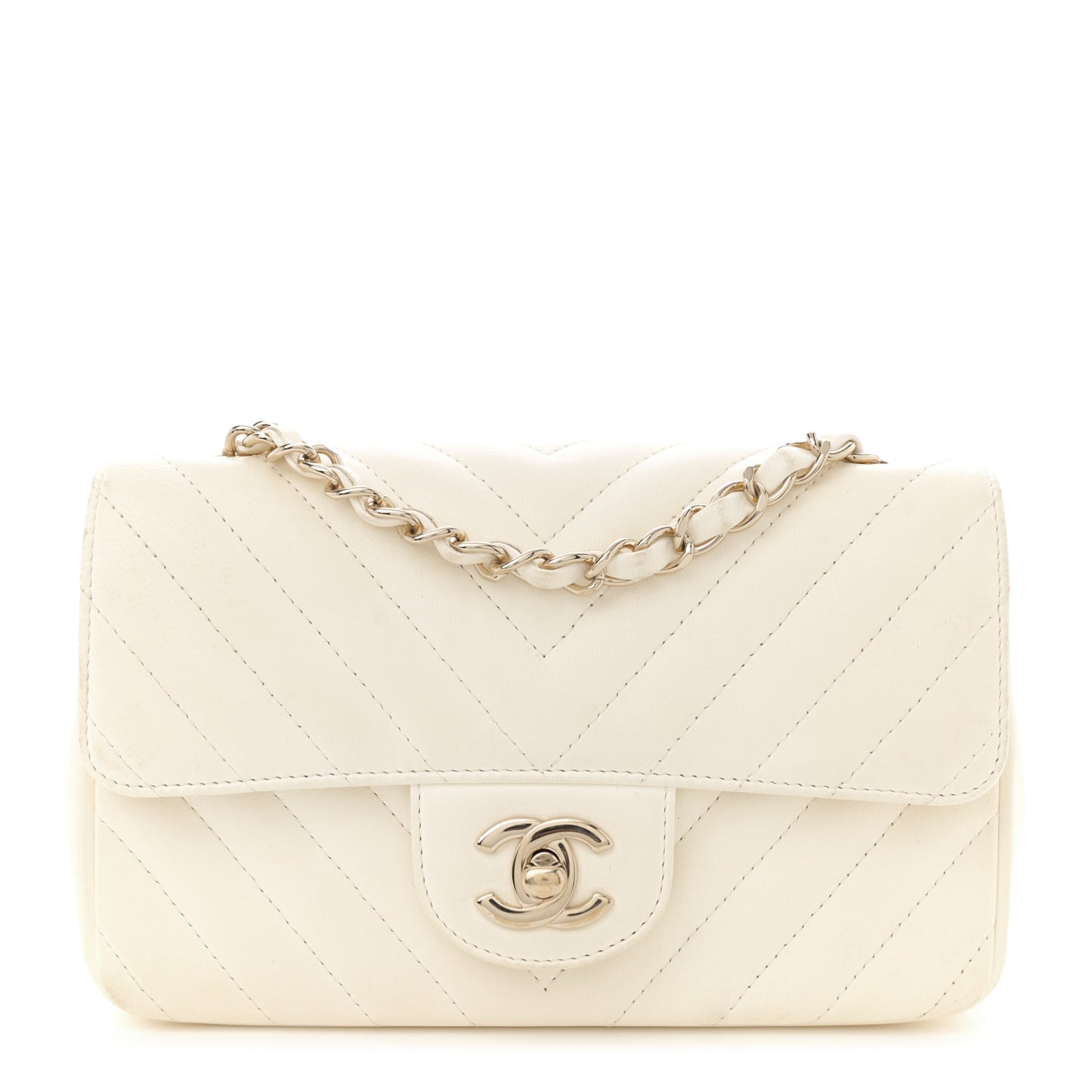 Lambskin Chevron Quilted Mini Rectangular Flap White