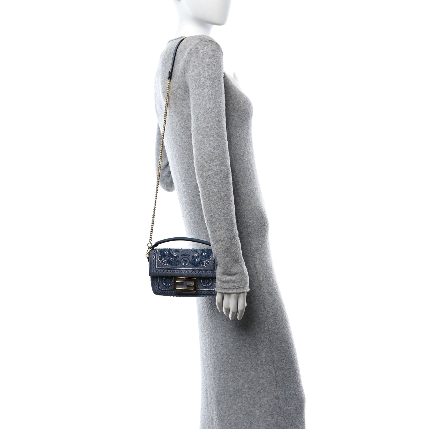 Fendi Denim Embroidered Coral Bandana Mini Baguette Myrtle 3 of 11