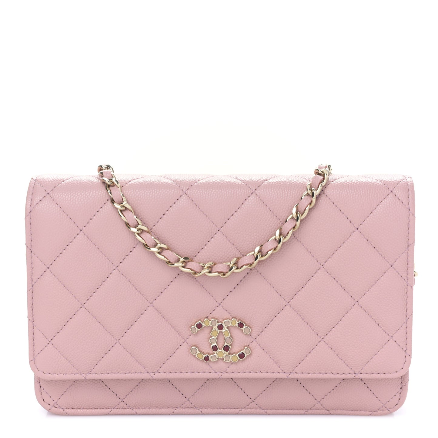 Shiny Caviar Enamel Quilted CC Wallet On Chain WOC Pink