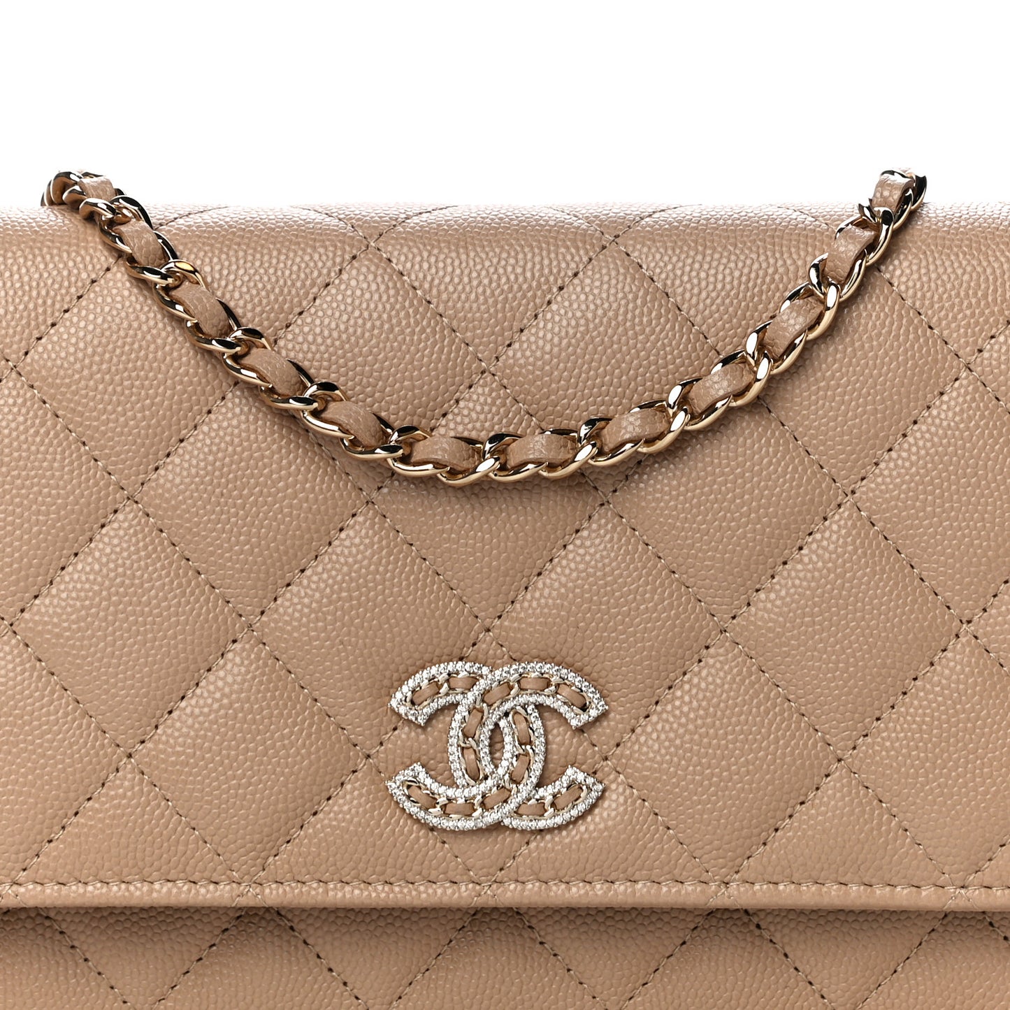 Caviar Quilted Crystal CC Wallet On Chain WOC Beige