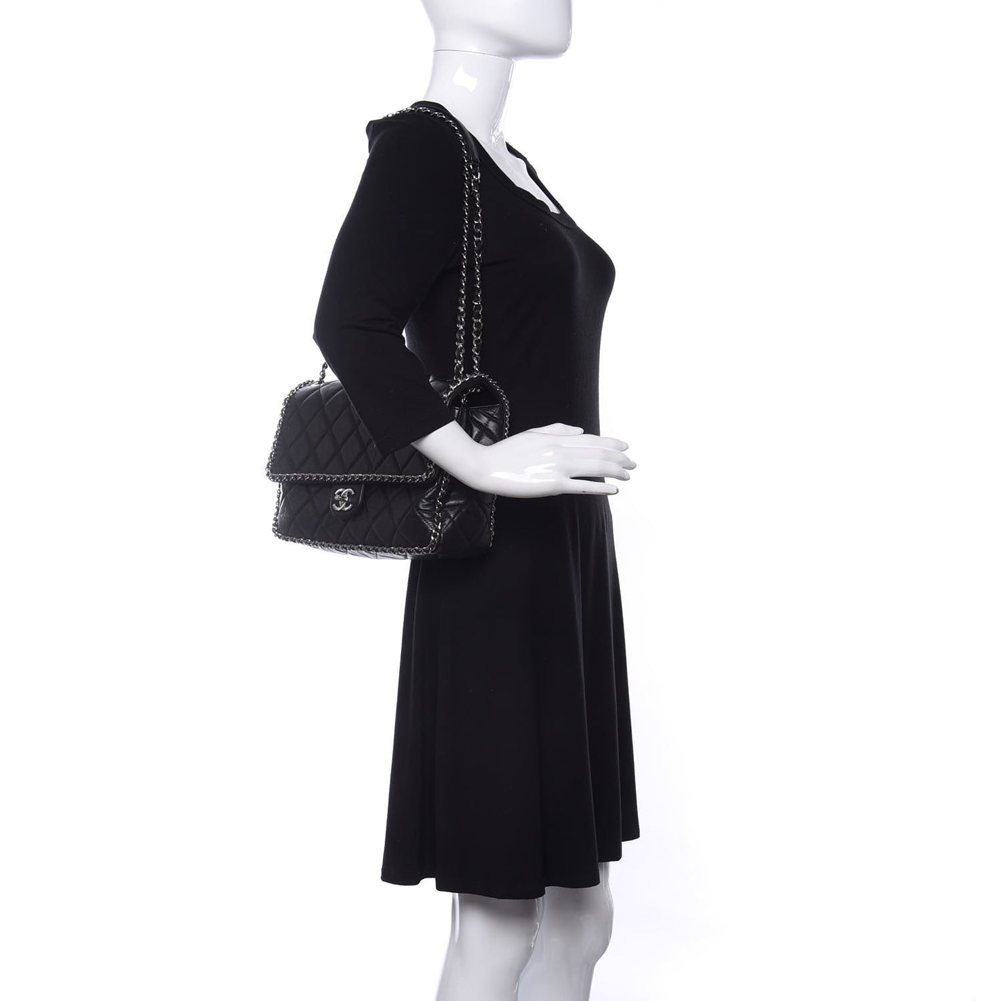 Crumpled Calfskin Quilted Large Chain All Over Flap Bag Black