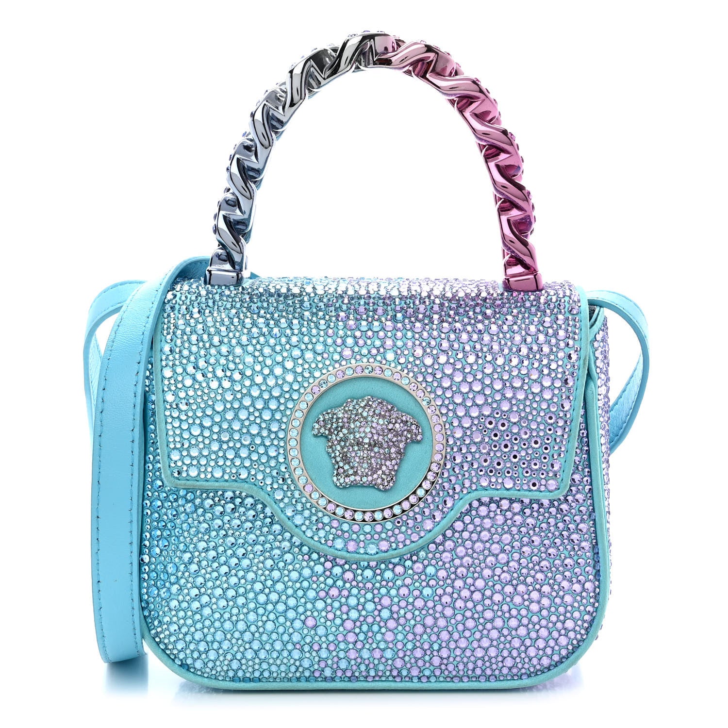 Versace Satin Crystal Studded Mini La Medusa Bag Blue 1456397