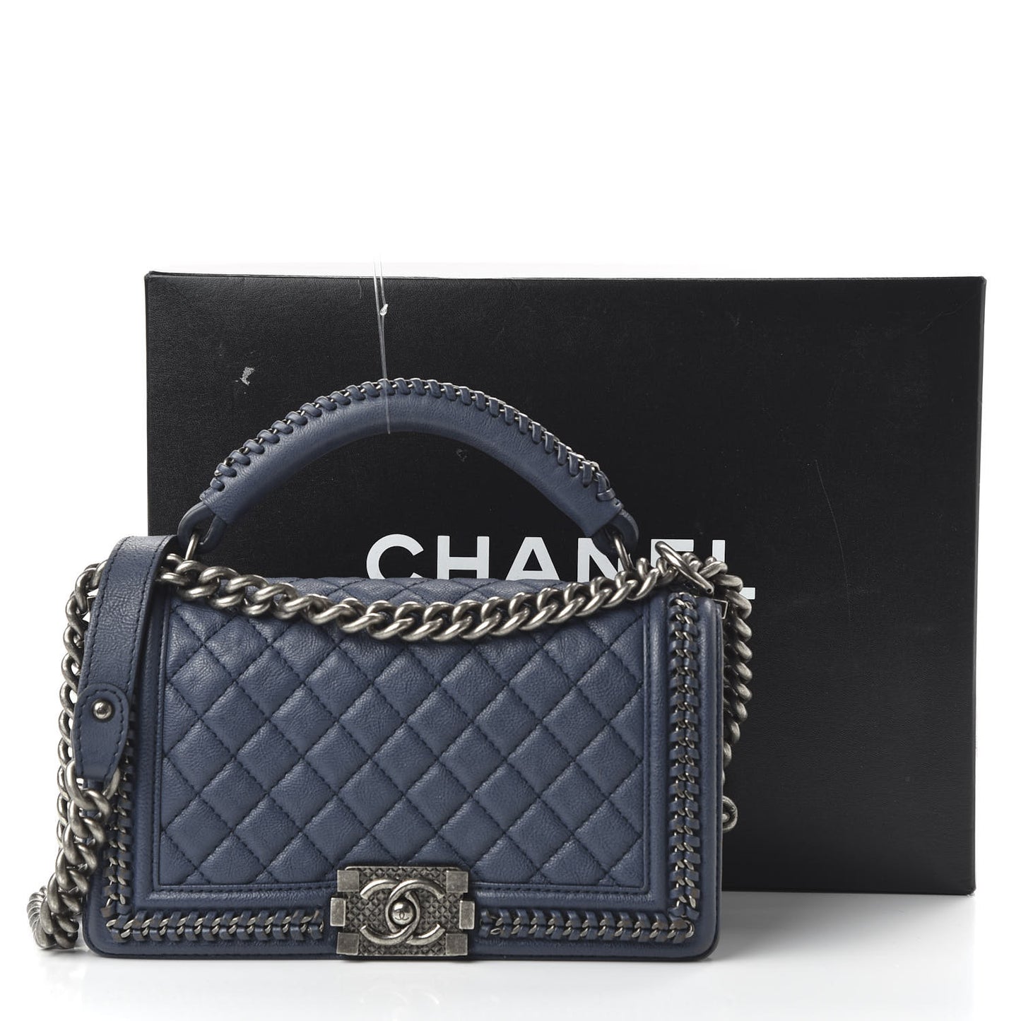 Calfskin Quilted Medium Top Handle Boy Flap Blue