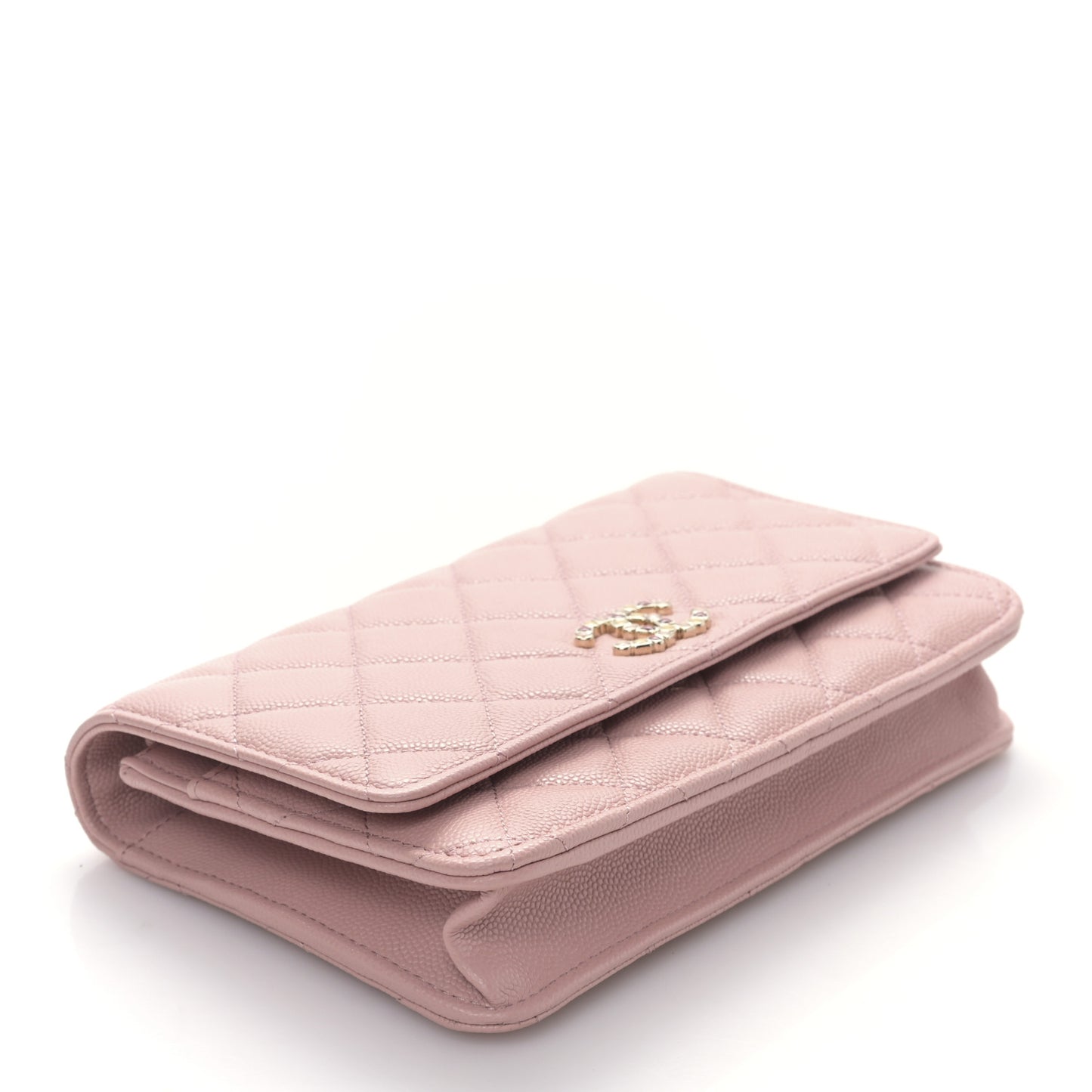 Shiny Caviar Enamel Quilted CC Wallet On Chain WOC Pink