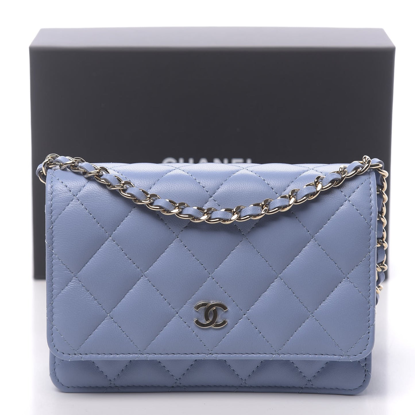 Lambskin Quilted Mini Wallet On Chain WOC Light Blue