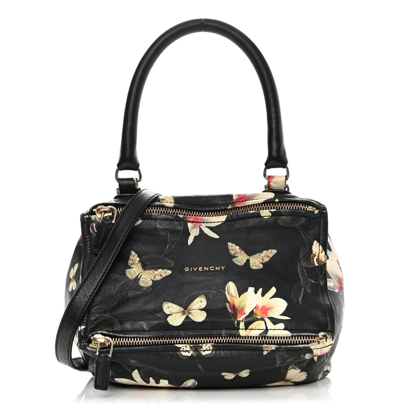 Lambskin Magnolia and Moth Print Mini Pandora Black
