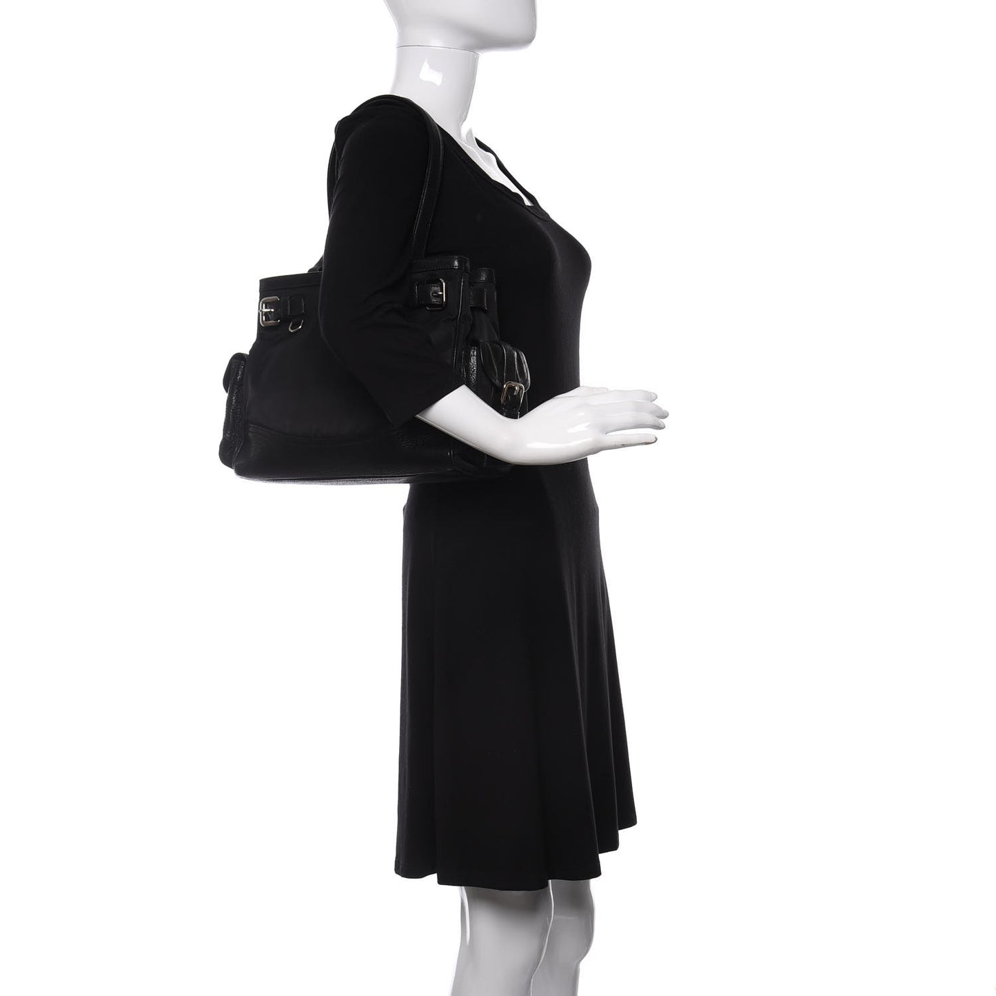 Tessuto Nylon Calfskin Shoulder Bag Black