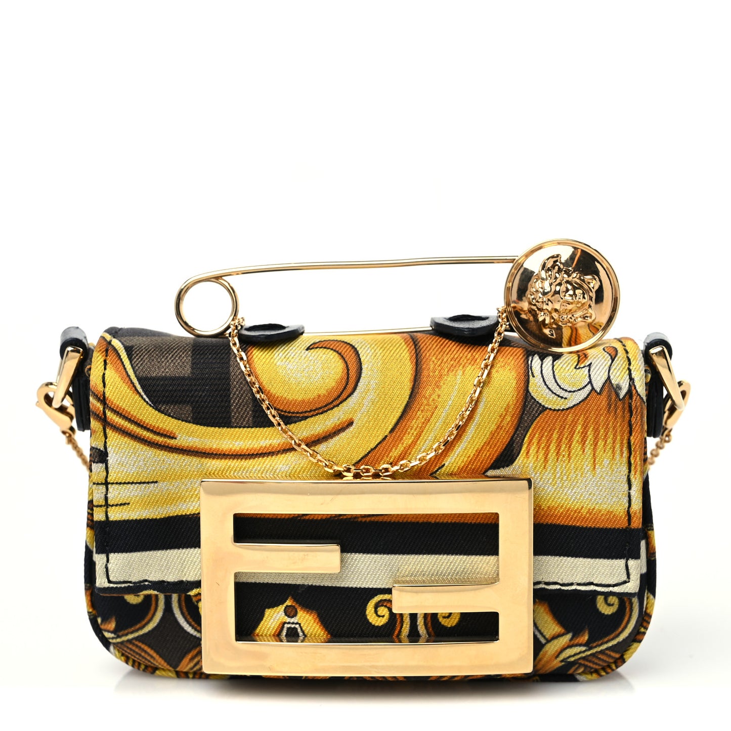 X VERSACE Silk Fendace FF Baroque Nano Brooch Baguette Black Gold