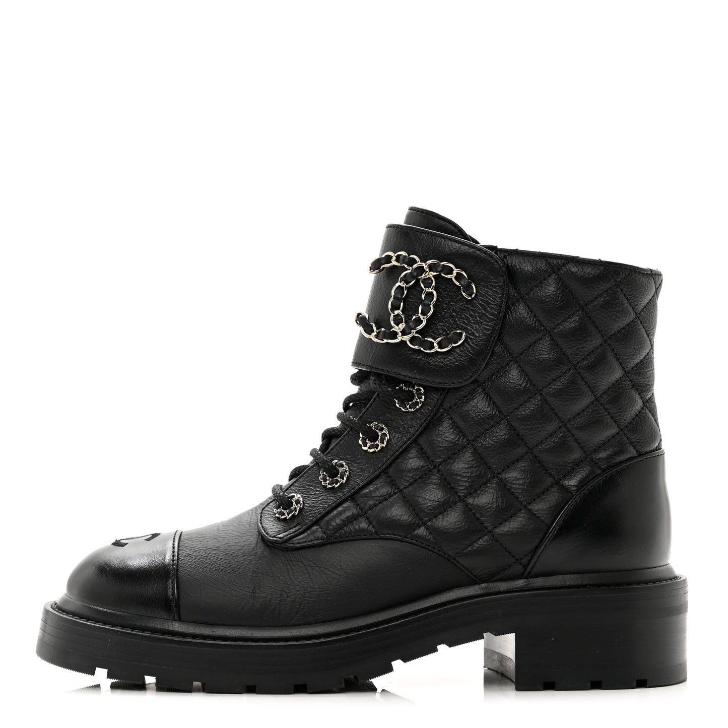 Shiny Calfskin Quilted Lace Up Combat Boots 38 Black
