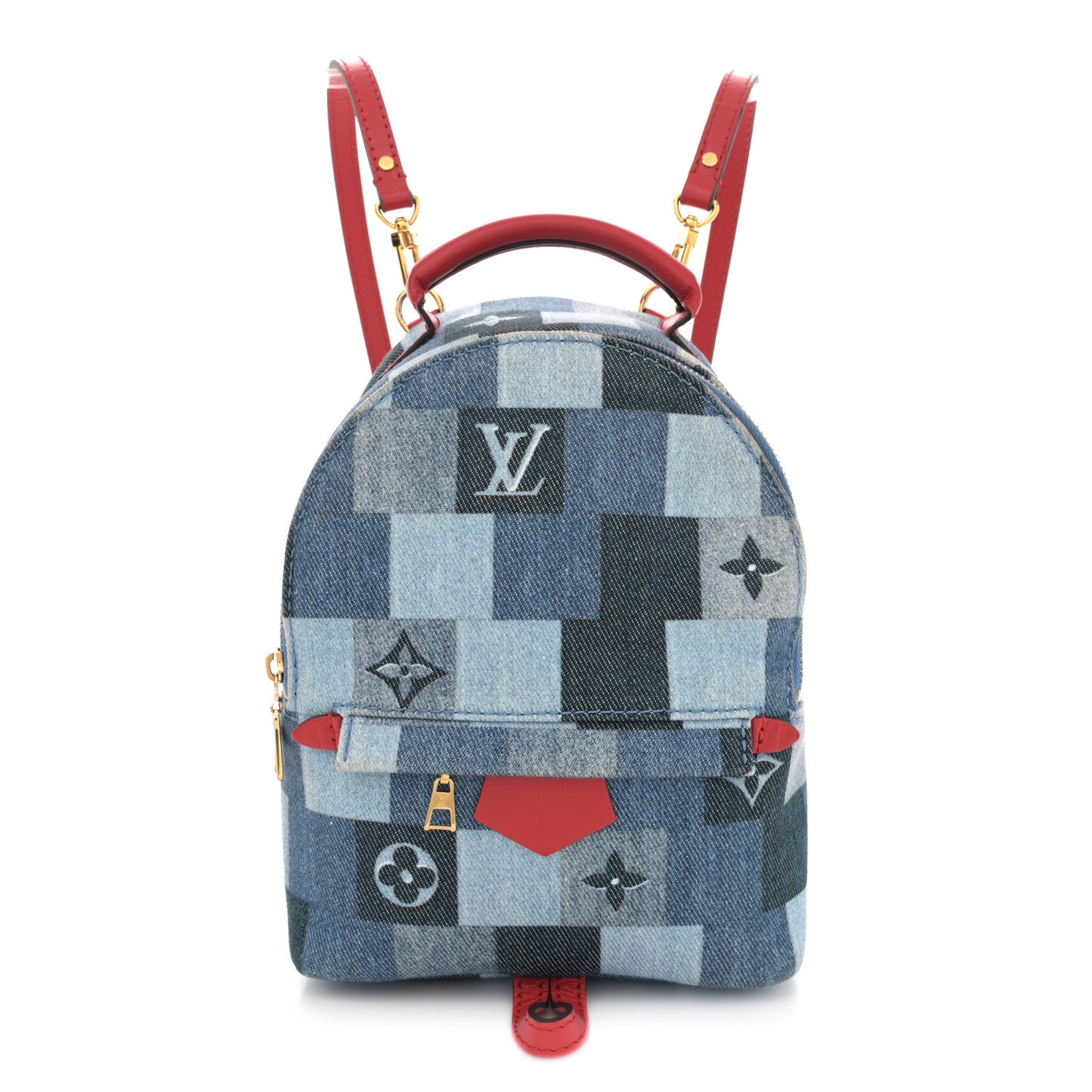 Denim Damier Monogram Patchwork Palm Springs Backpack Mini Blue Rouge