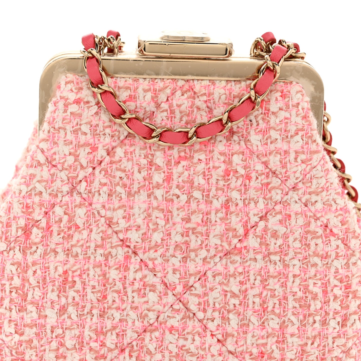 Tweed Kiss Lock Phone Holder With Chain Pale Pink Ecru