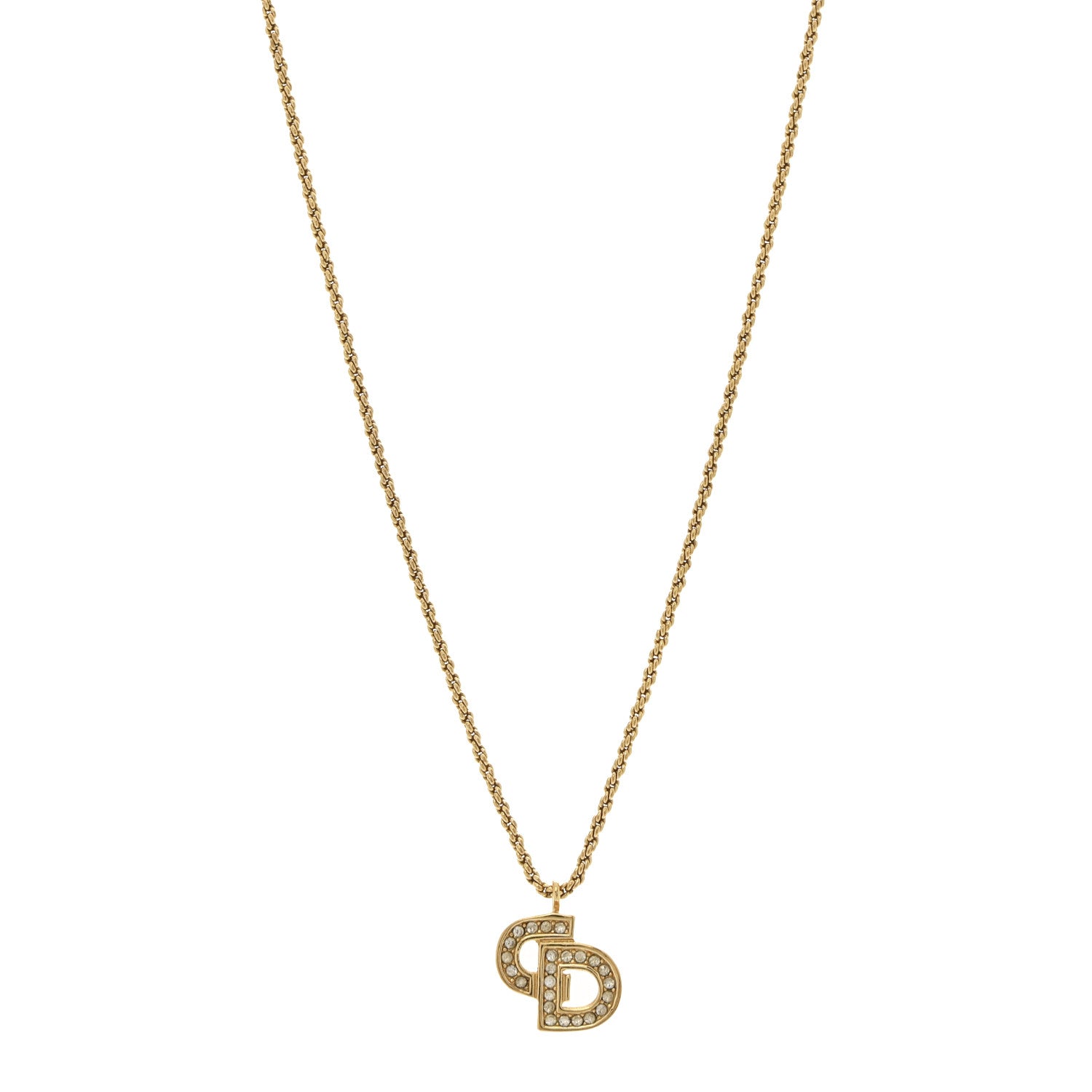 Christian Dior Metal Crystal CD Logo Pendant Necklace Gold 1 of 6