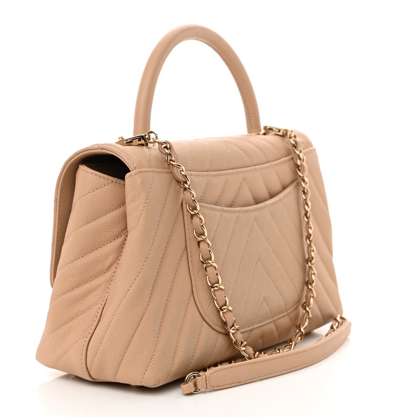 Caviar Chevron Quilted Small Coco Handle Flap Beige