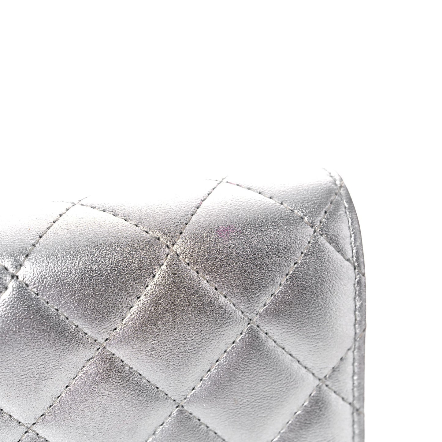 Metallic Lambskin Quilted Wallet On Chain WOC Silver