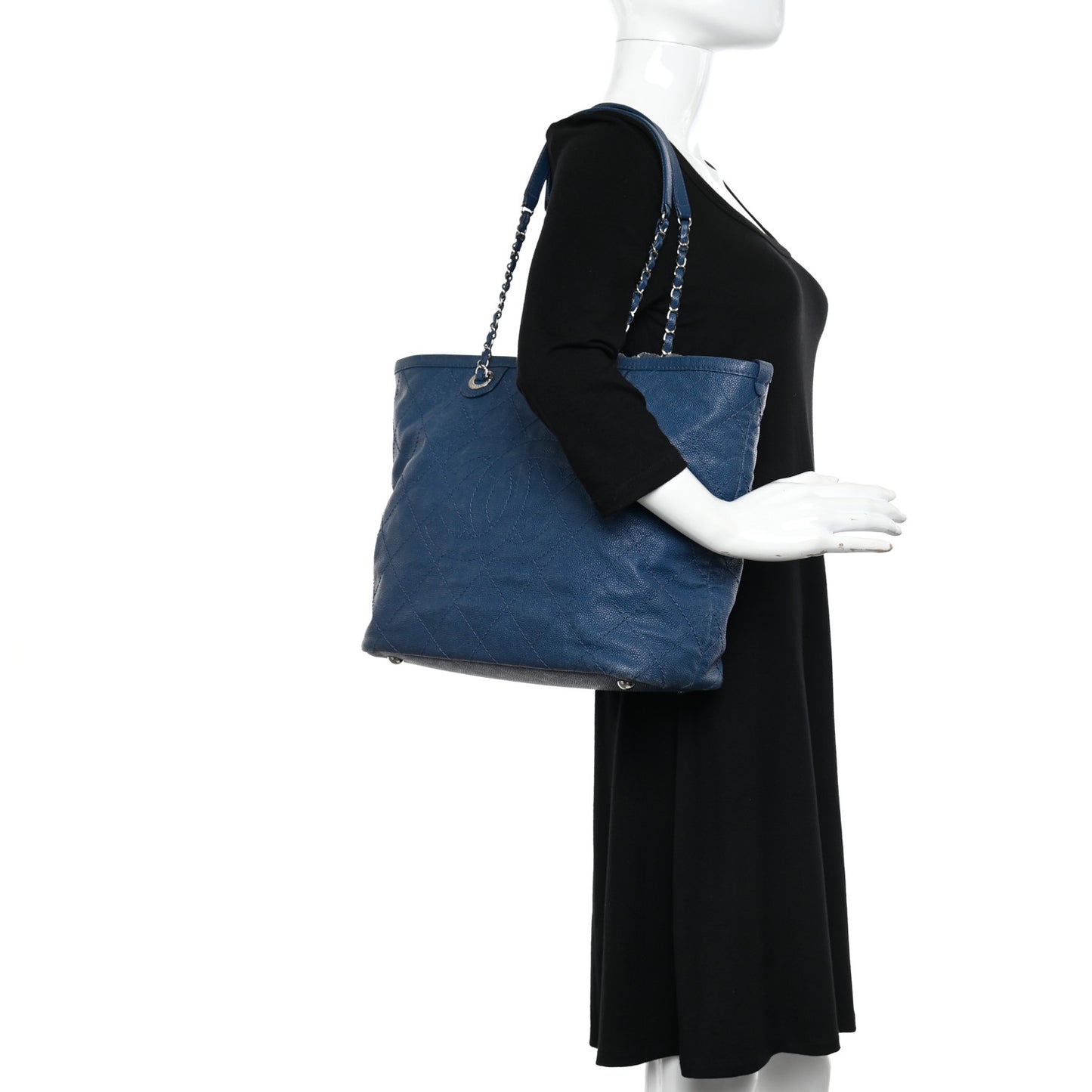 Grained Calfskin Quilted Small Daily Shopping Tote Blue