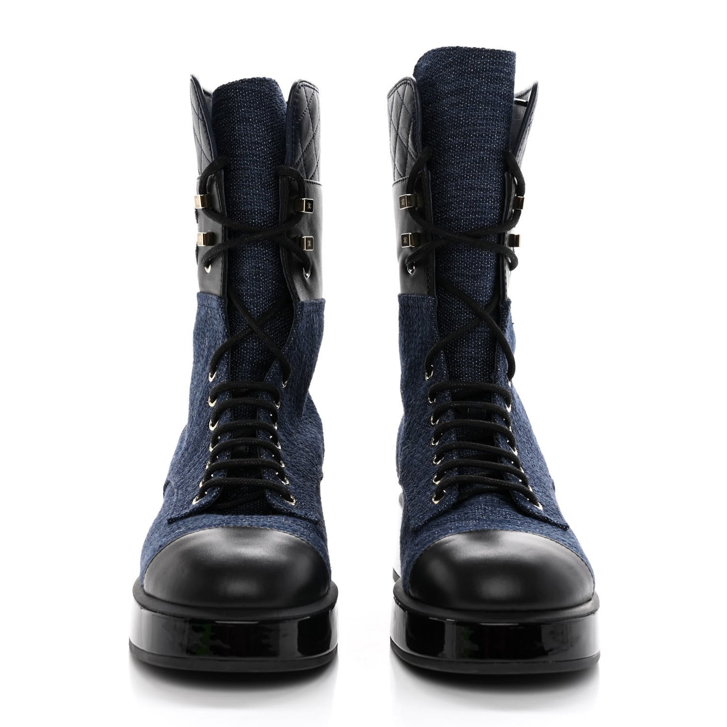 Denim Patent Lambskin Quilted CC Lace Up Combat Boots 39.5 Blue Black