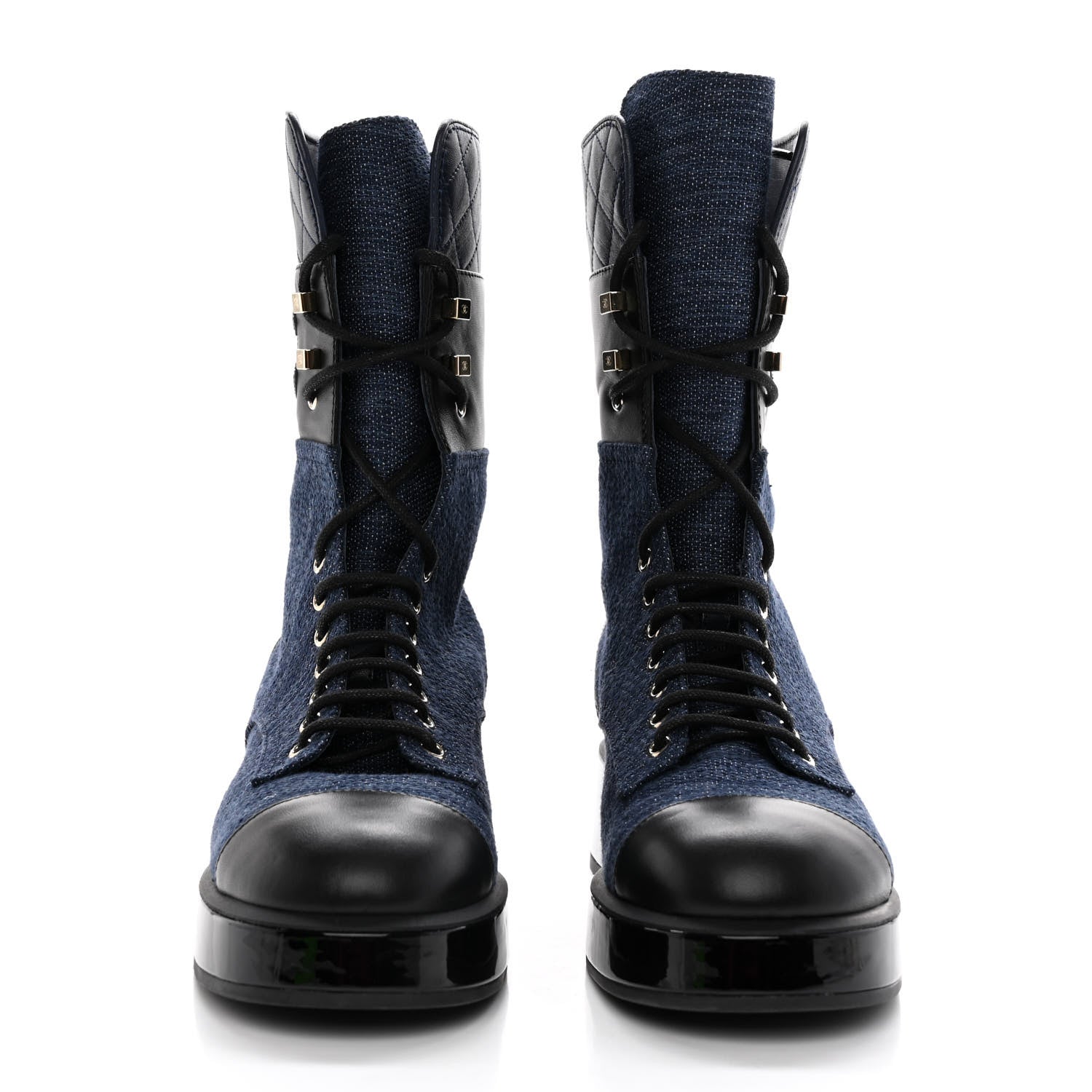 Chanel Denim Patent Lambskin Quilted CC Lace Up Combat Boots 39.5 Blue Black 2 of 10