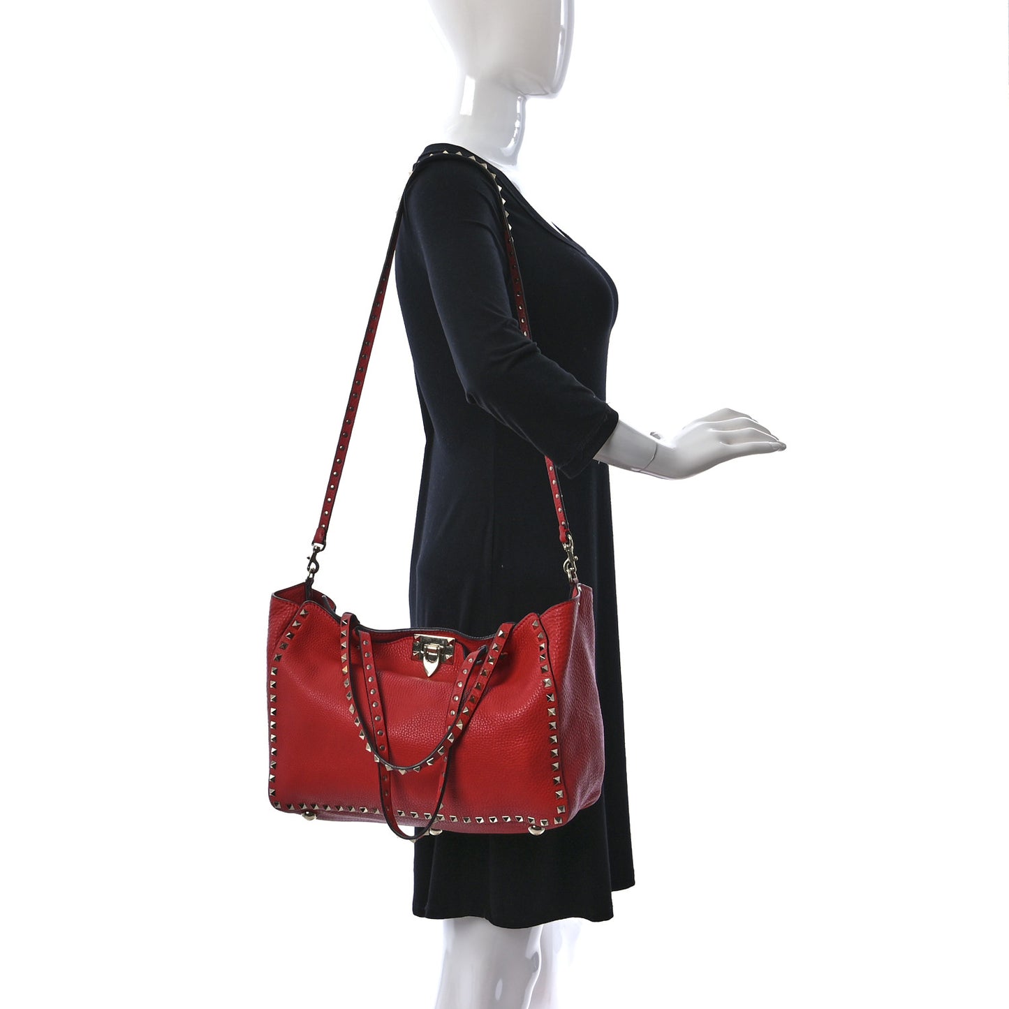 Pebbled Calfskin Medium Rockstud Tote Deep Coral