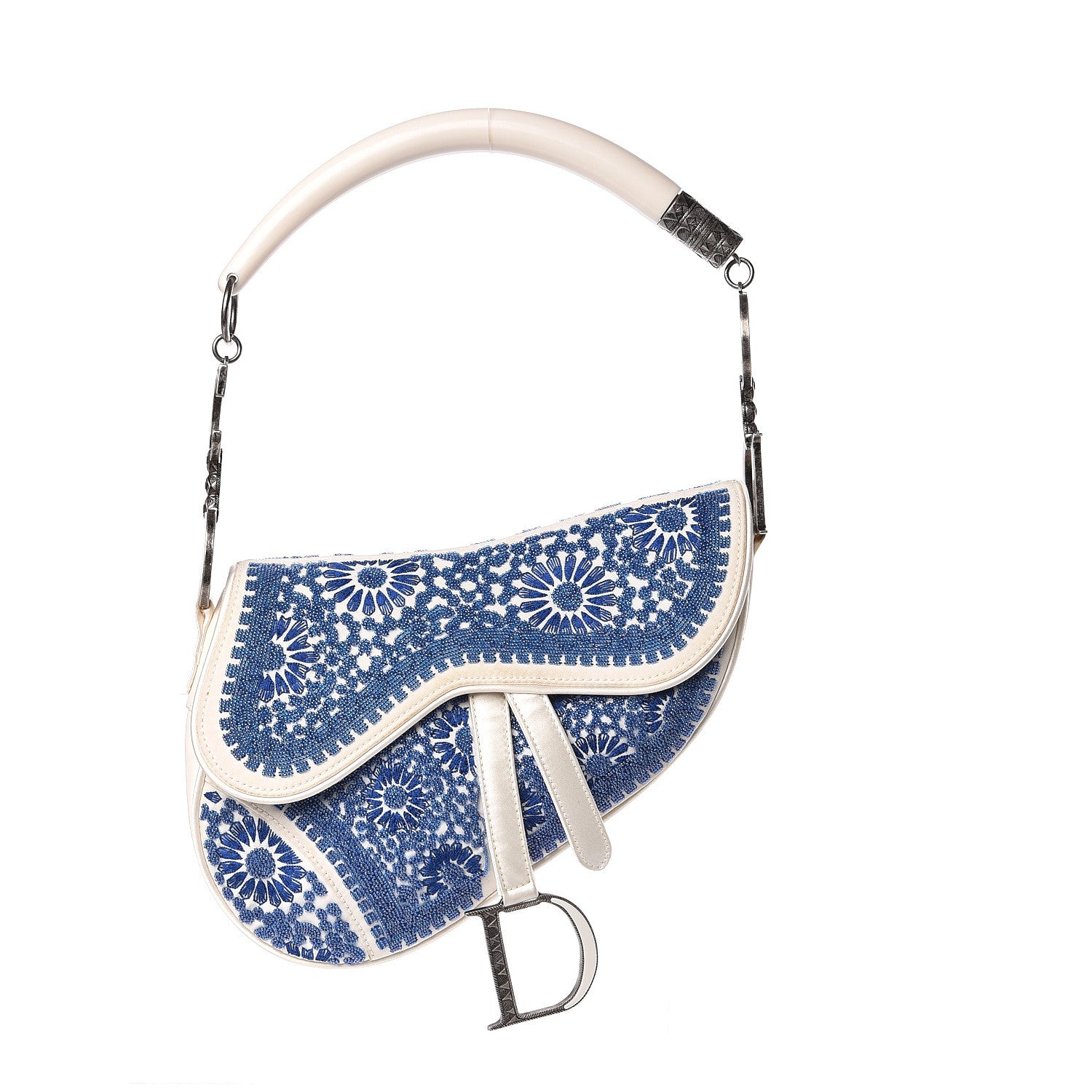 Christian Dior Satin Sequin Embellished Saddle Bag White Blue