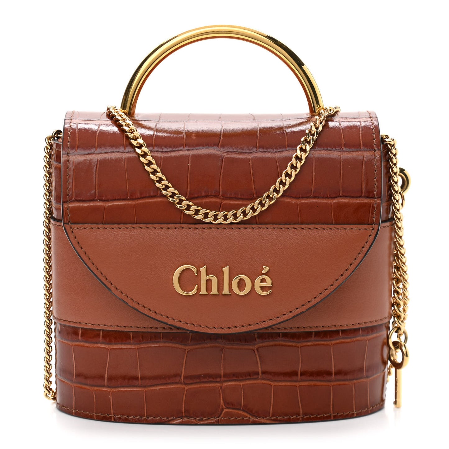 Calfskin Crocodile Embossed Small Aby Lock Chestnut Brown