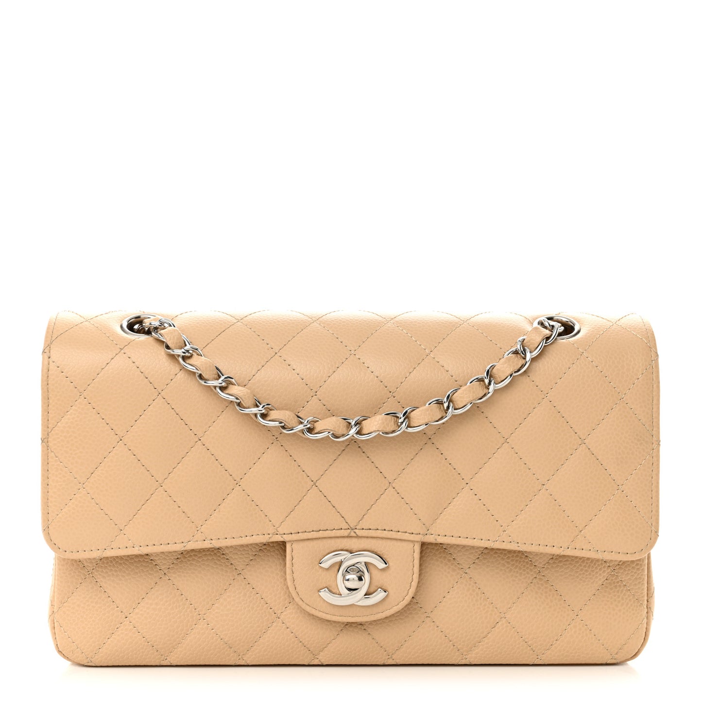 Caviar Quilted Medium Double Flap Beige
