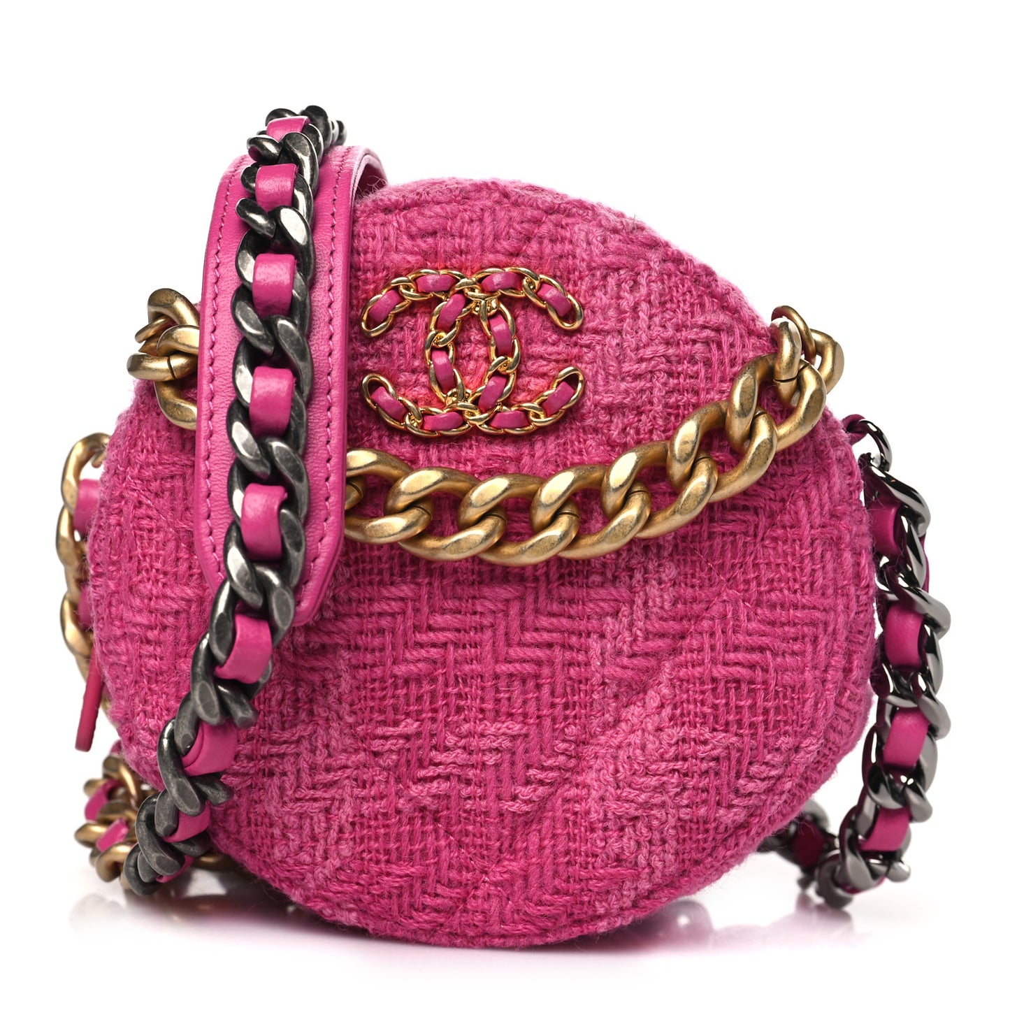 Wool Tweed Lambskin Quilted Chanel 19 Round Clutch With Chain and Coin Purse Fuchsia