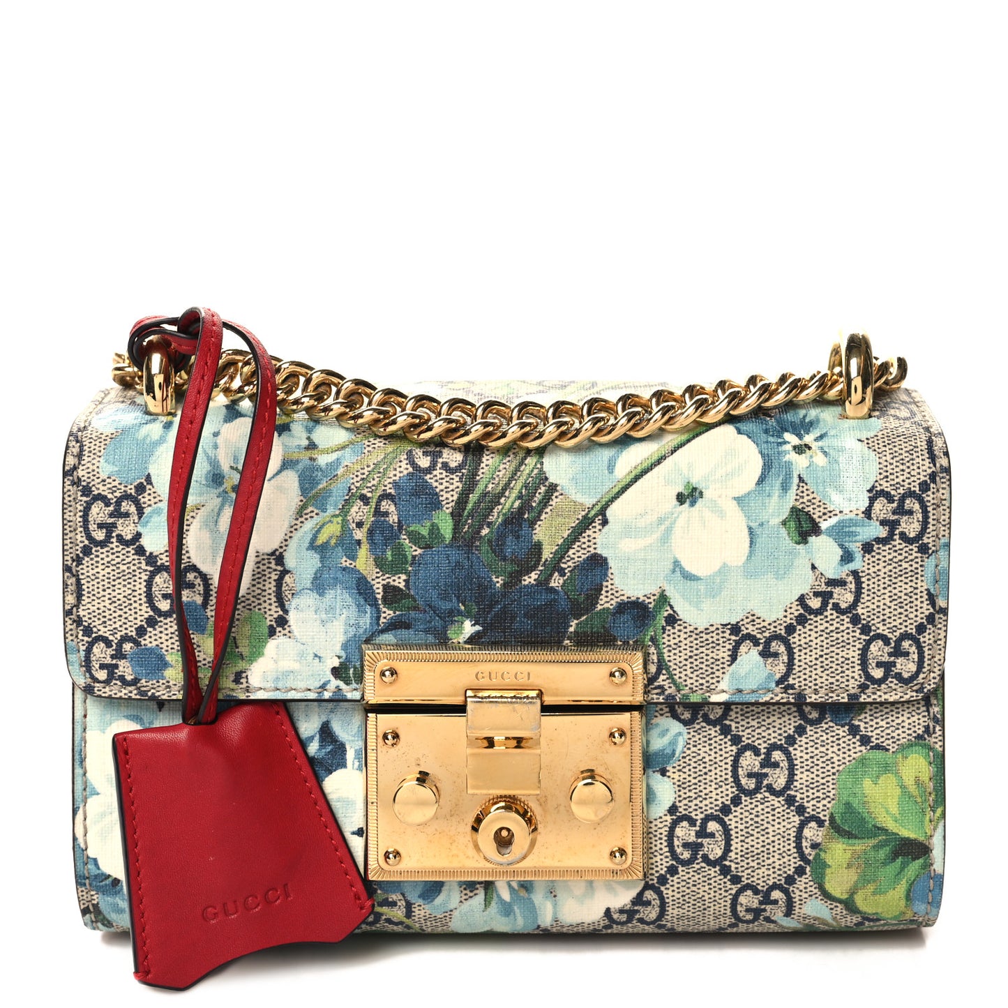 GG Supreme Monogram Blooms Small Padlock Shoulder Bag Beige Blue Navy Hibiscus Red