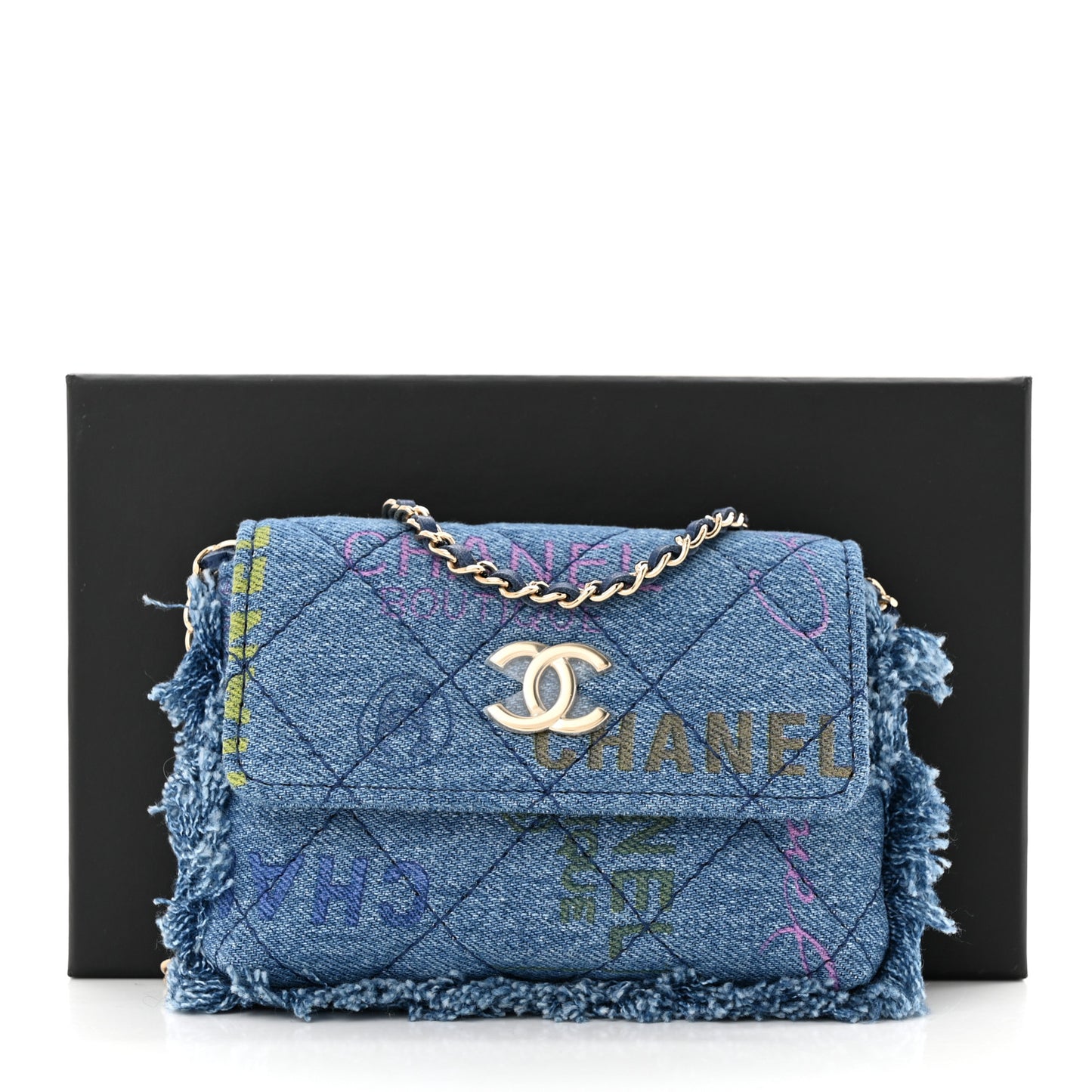 Denim Quilted Denim Mood Clutch With Chain Blue Multicolor