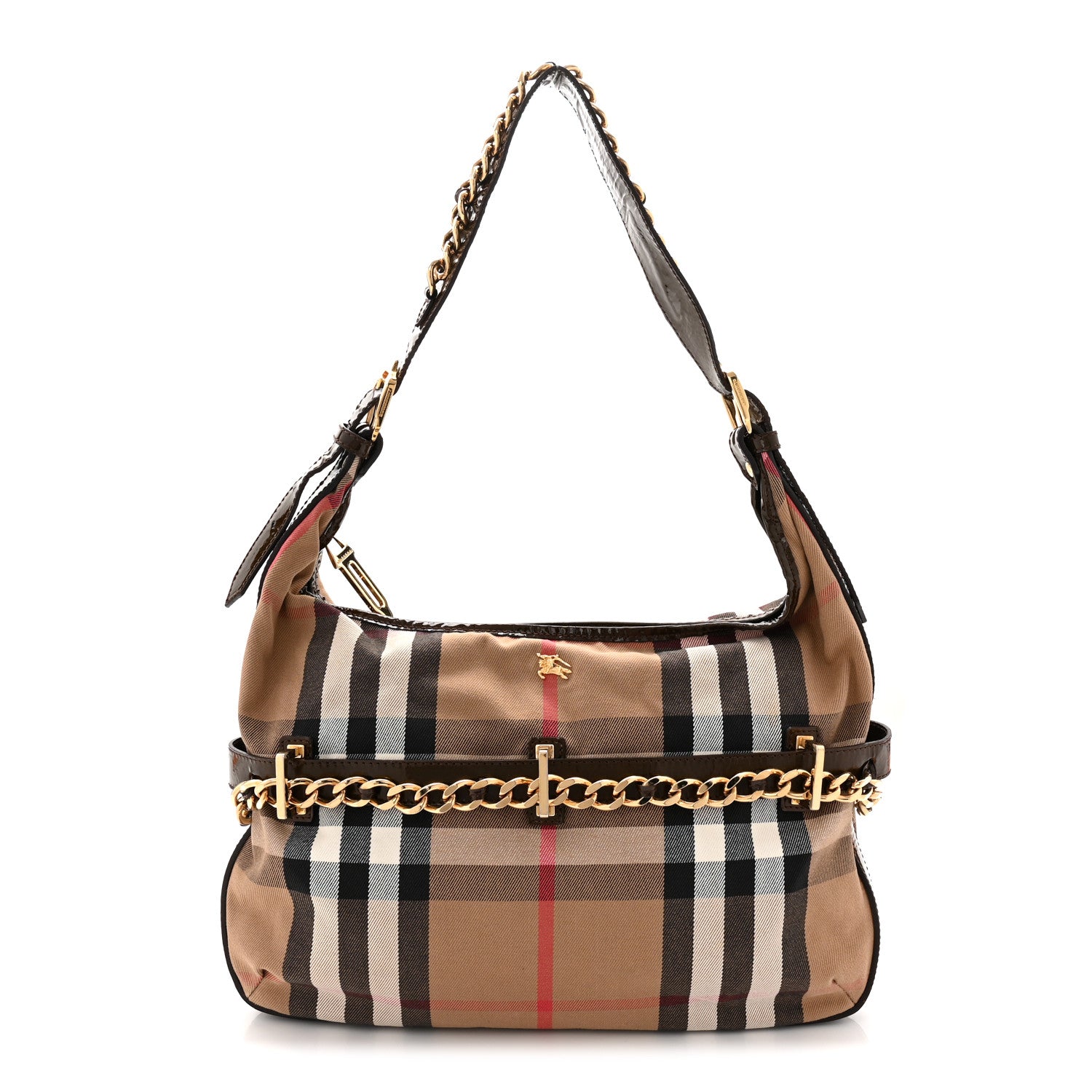Burberry Patent House Check Chain Hobo Brown 1819058 – FASHIONPHILE