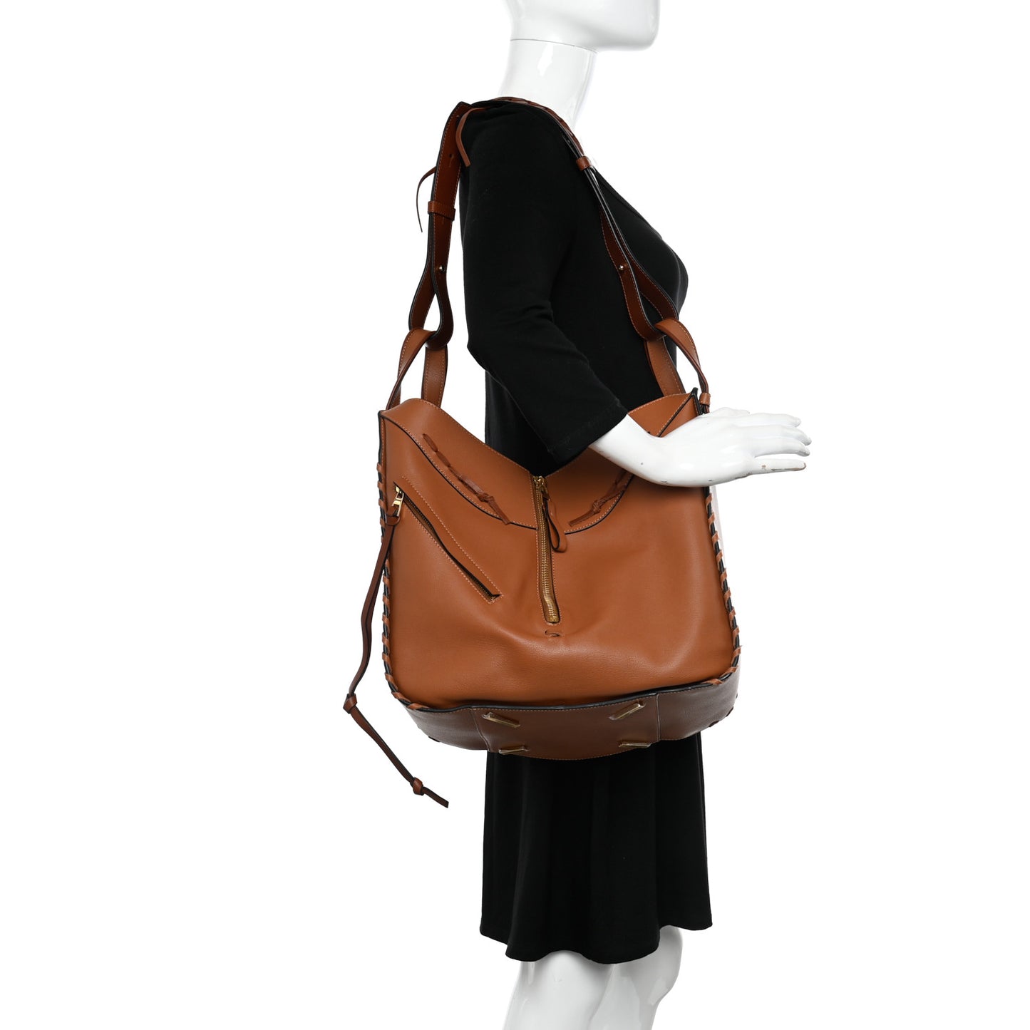 Grained Calfskin Medium Whipstitch Hammock Shoulder Bag Tan
