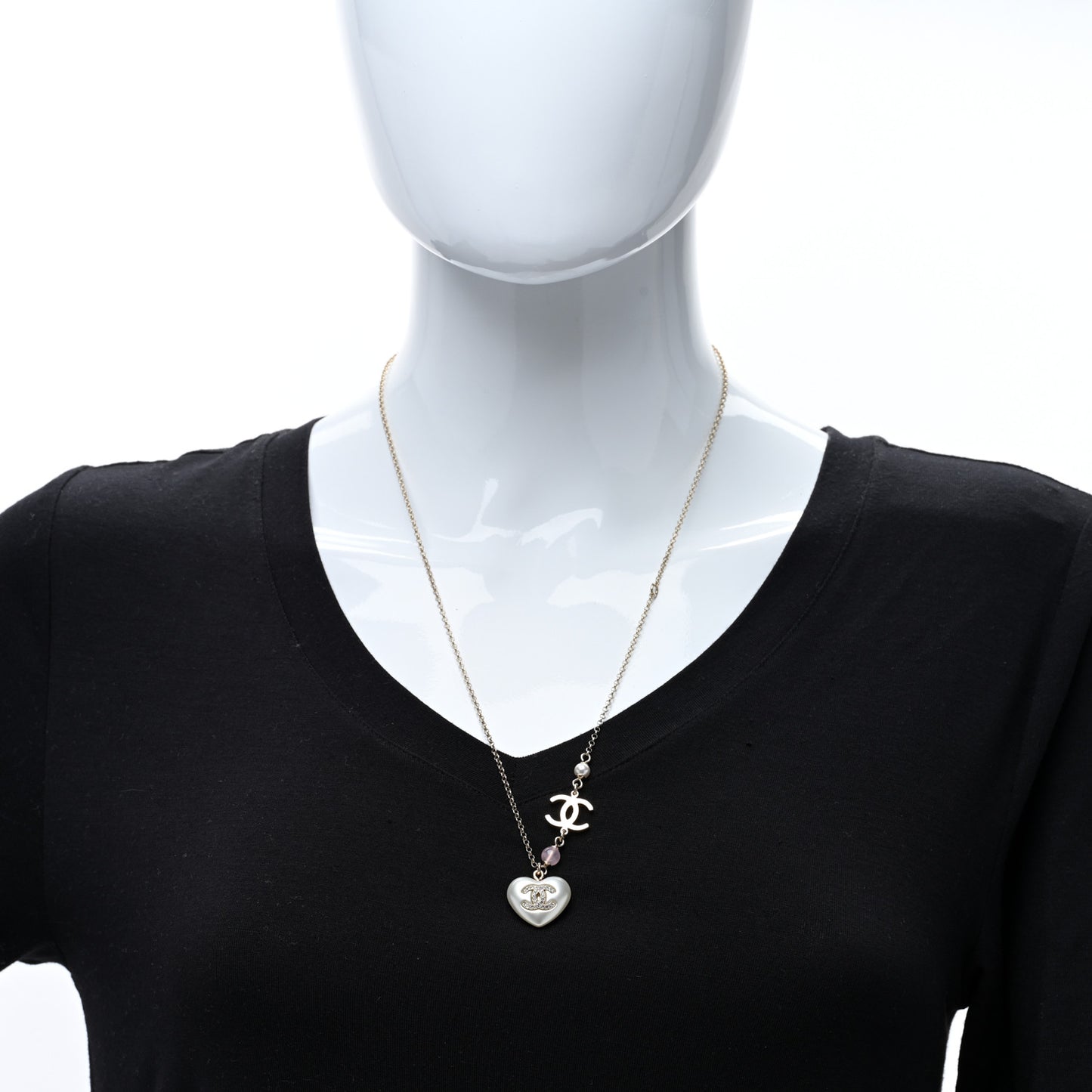 Resin Crystal CC Heart Necklace Pearly White Gold