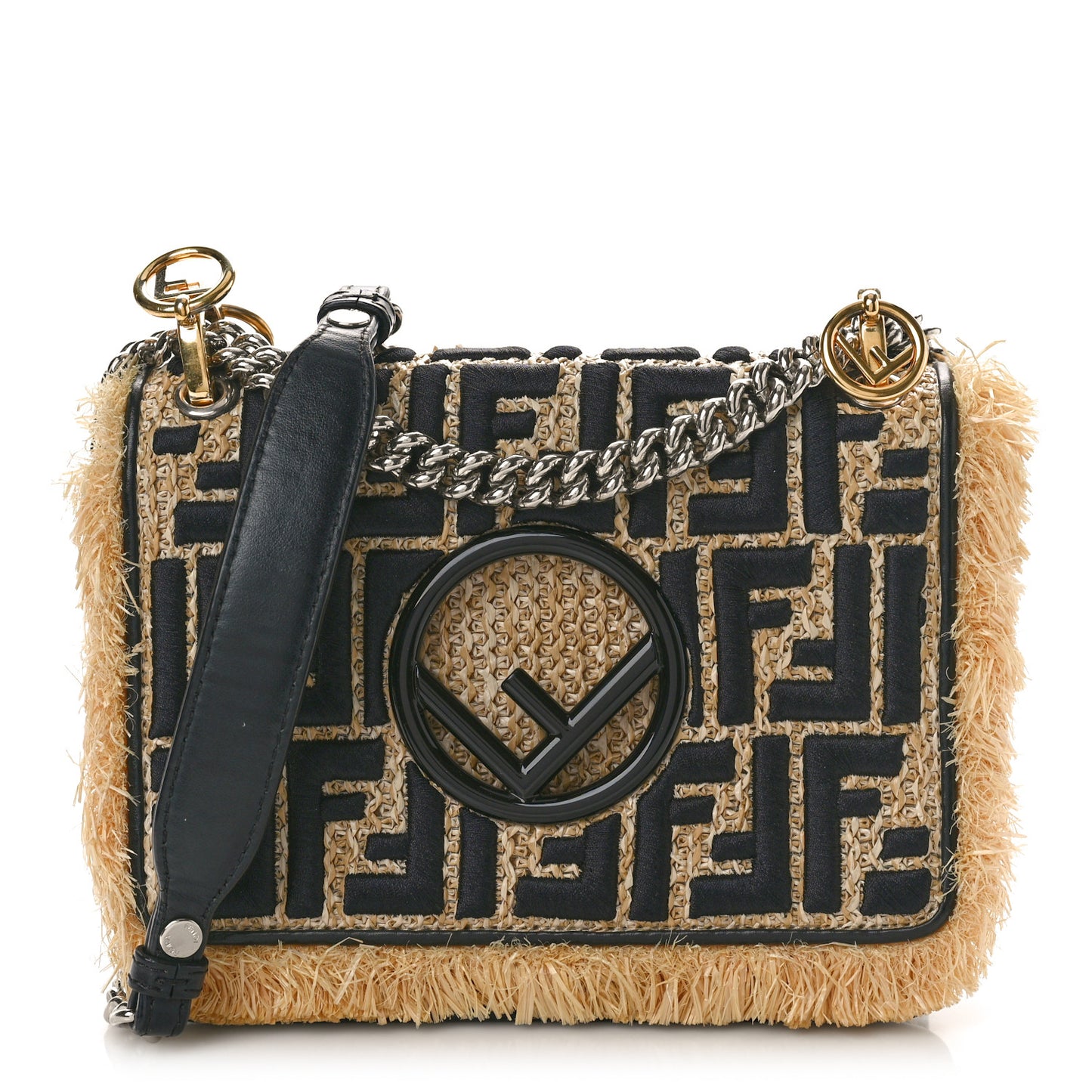 Raffia Vitello Century F is Fendi FF Embroidered Fringe Small Kan I Shoulder Bag Natural Black