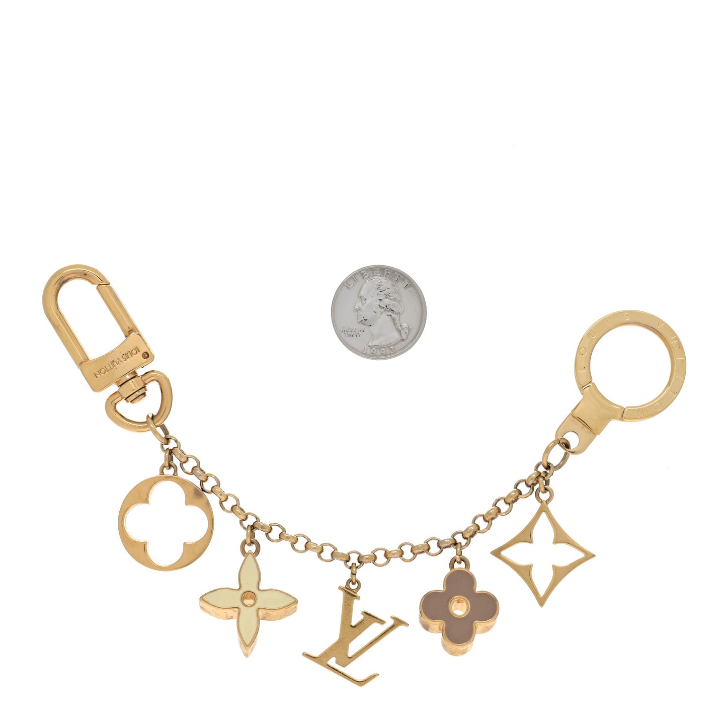 Brass Enamel Fleur De Monogram Bag Charm Chain Gold