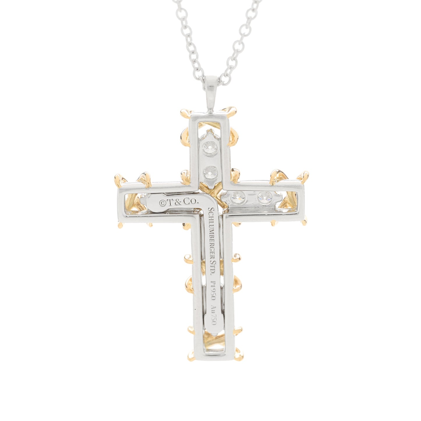 Platinum 18K Yellow Gold Diamond Schlumberger Ten Stone Cross Pendant Necklace