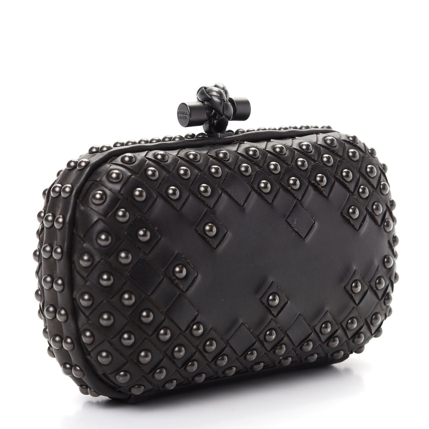 Waxy Nappa Intrecciato Knot Studded Clutch Black