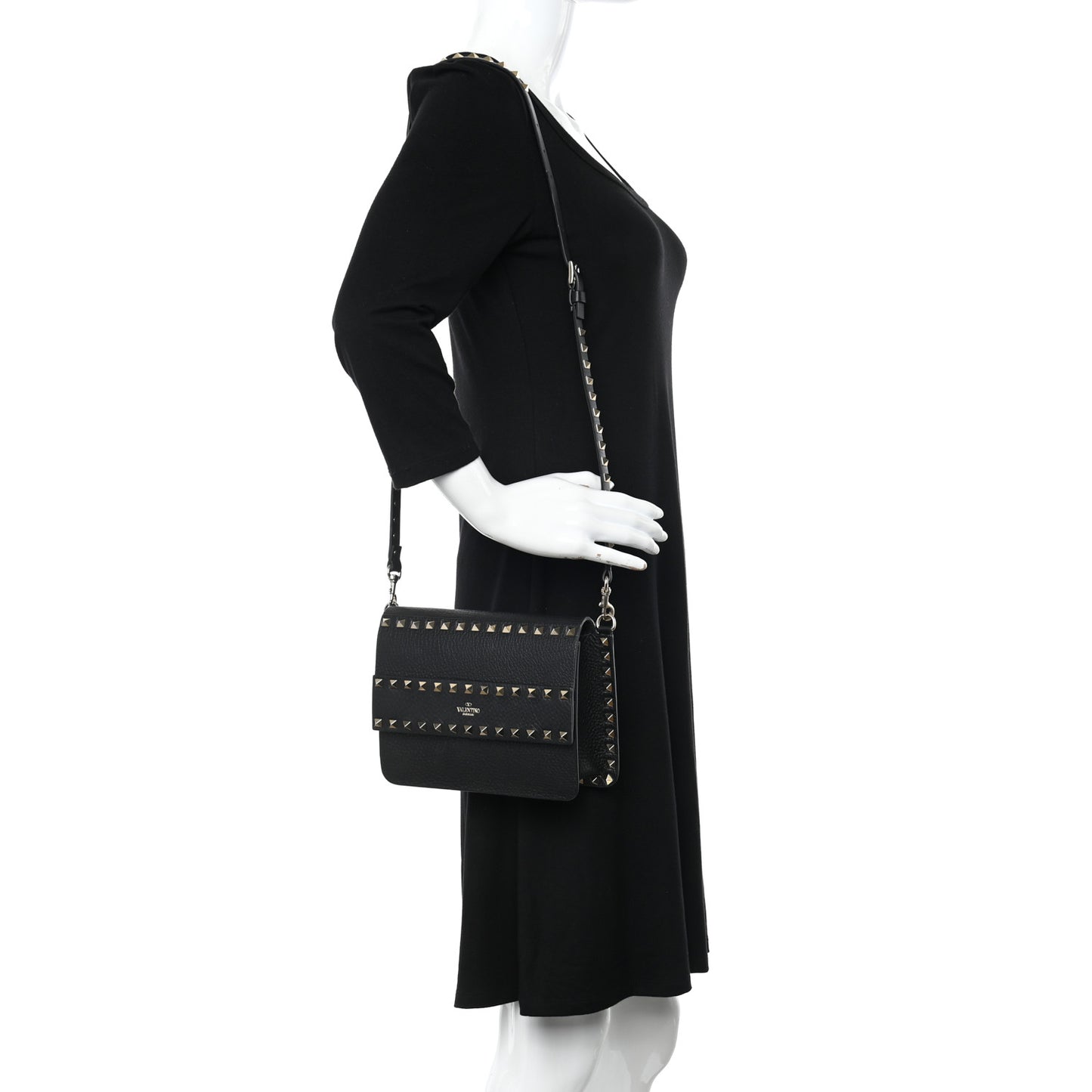 Pebbled Calfskin Rockstud Side Slip Crossbody Black