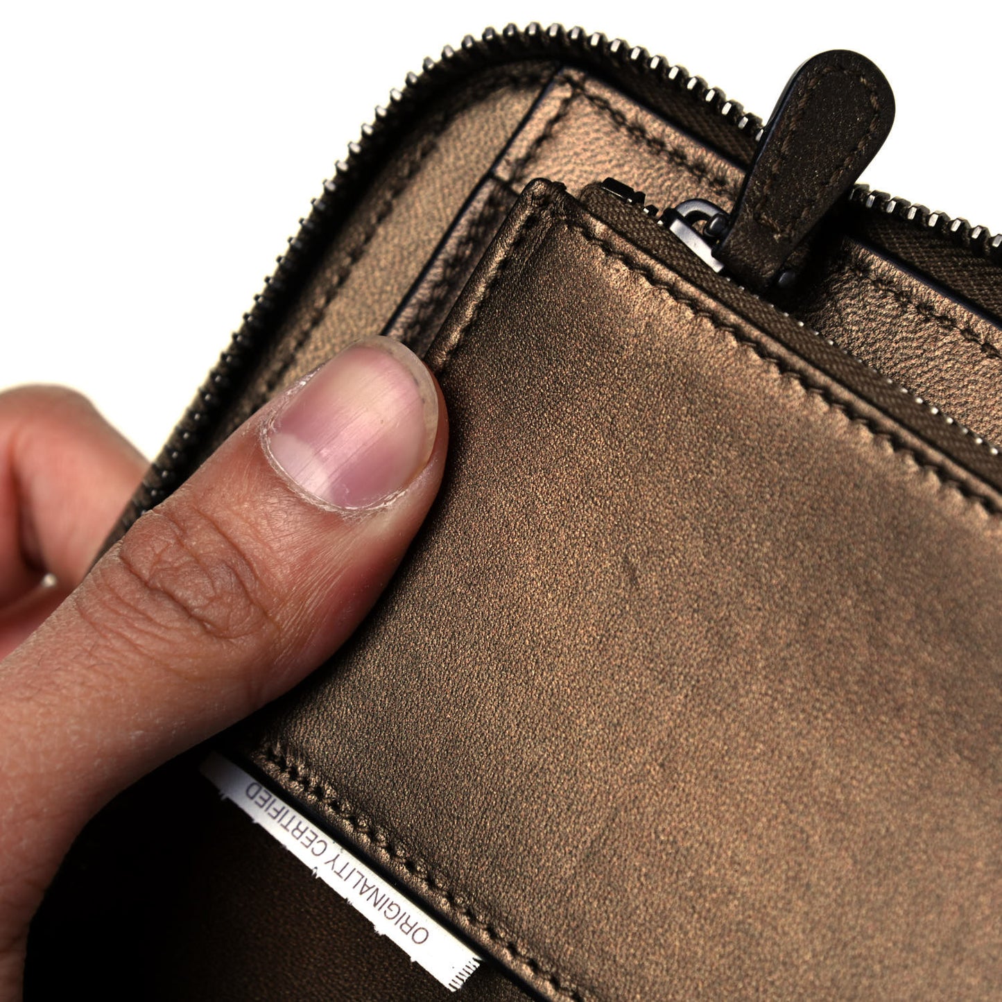 Metallic Nappa Intrecciato Zip Around Wallet Dark Copper