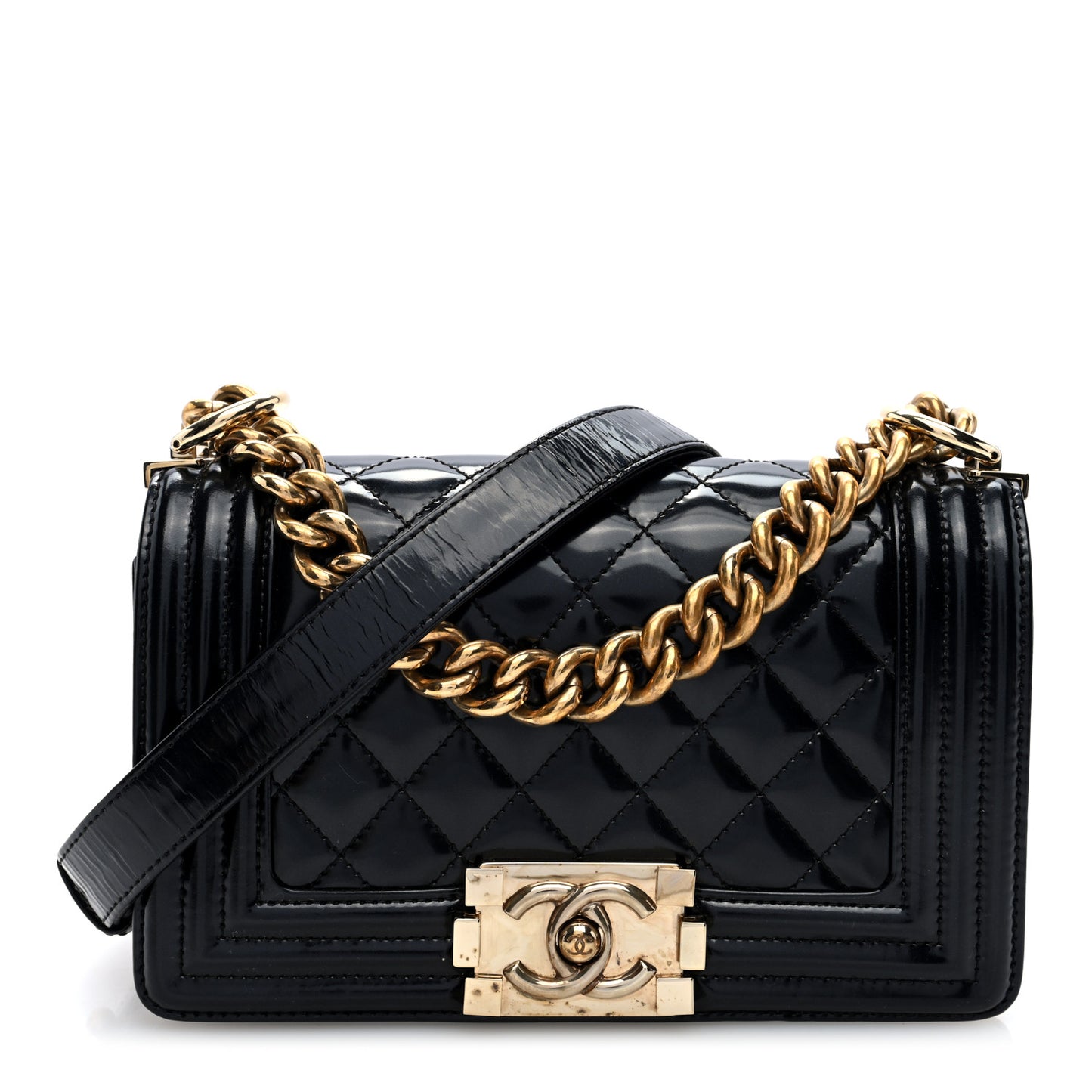 Iridescent Glazed Calfskin Quilted Small Boy Flap Black