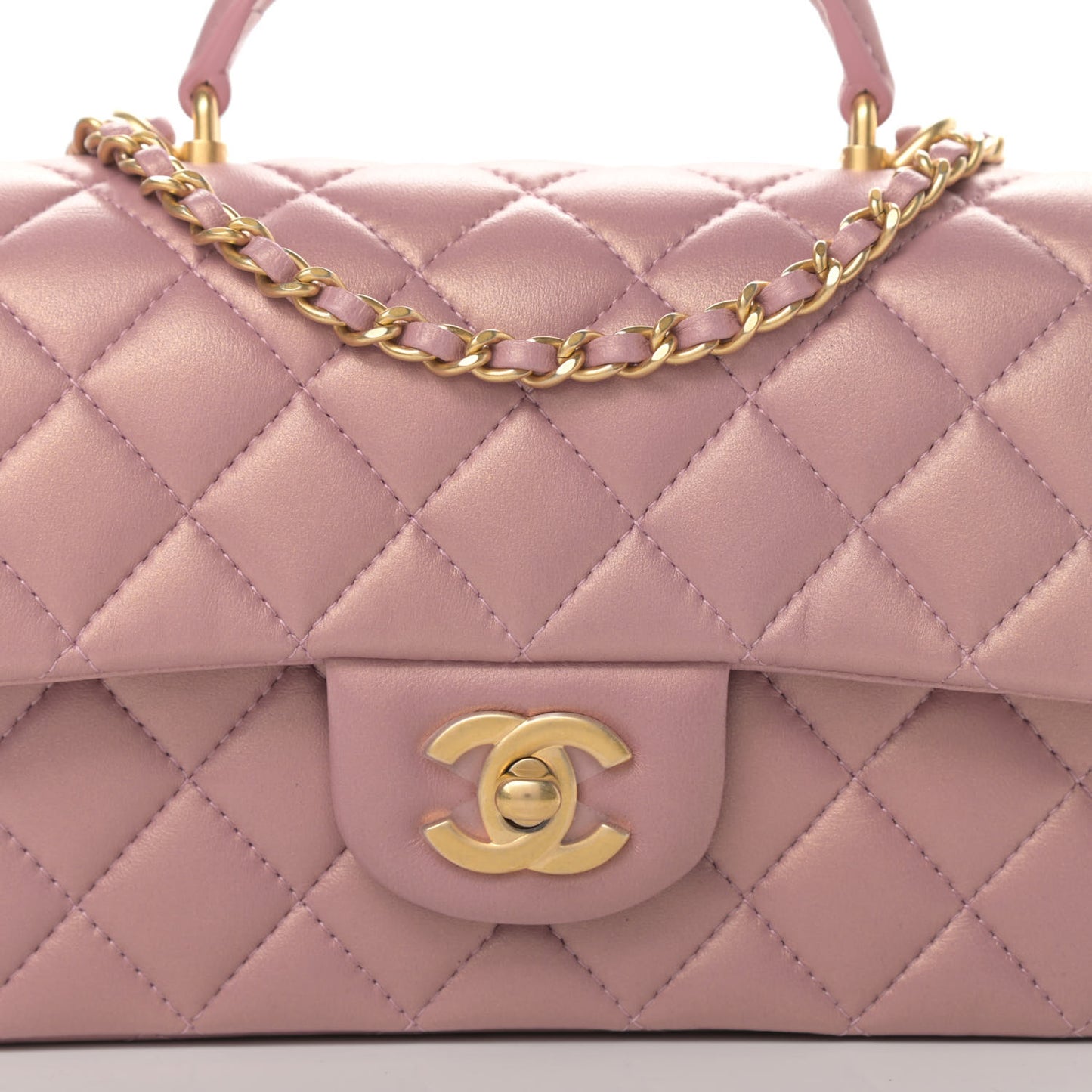 Iridescent Lambskin Quilted Mini Top Handle Rectangular Flap Pink